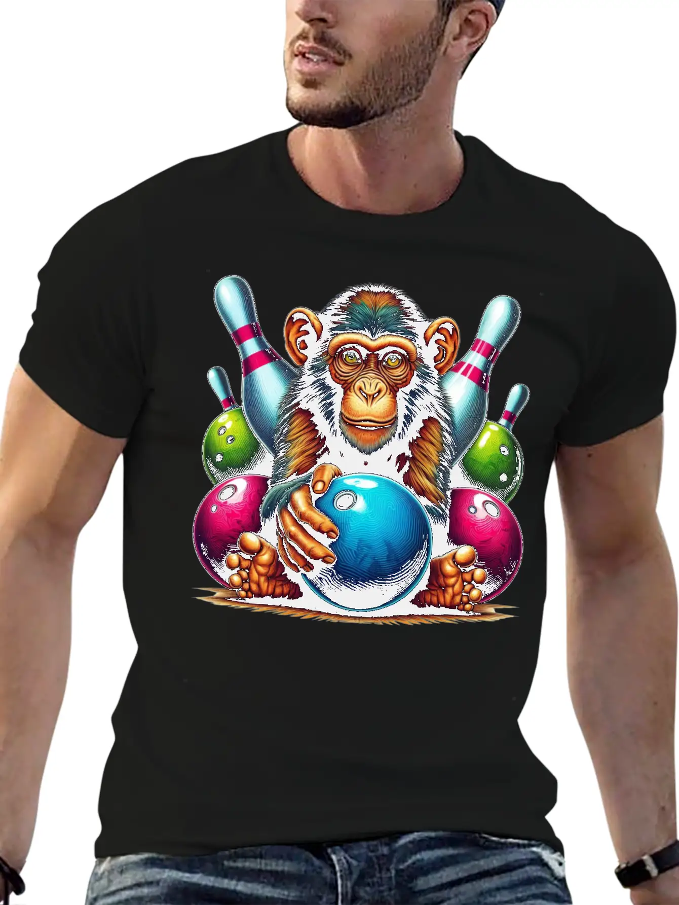 Monkey Playing Bowling Sports Lover Animal Basic Graphic T-Shirt – Daily Comfort In Soft Cotton