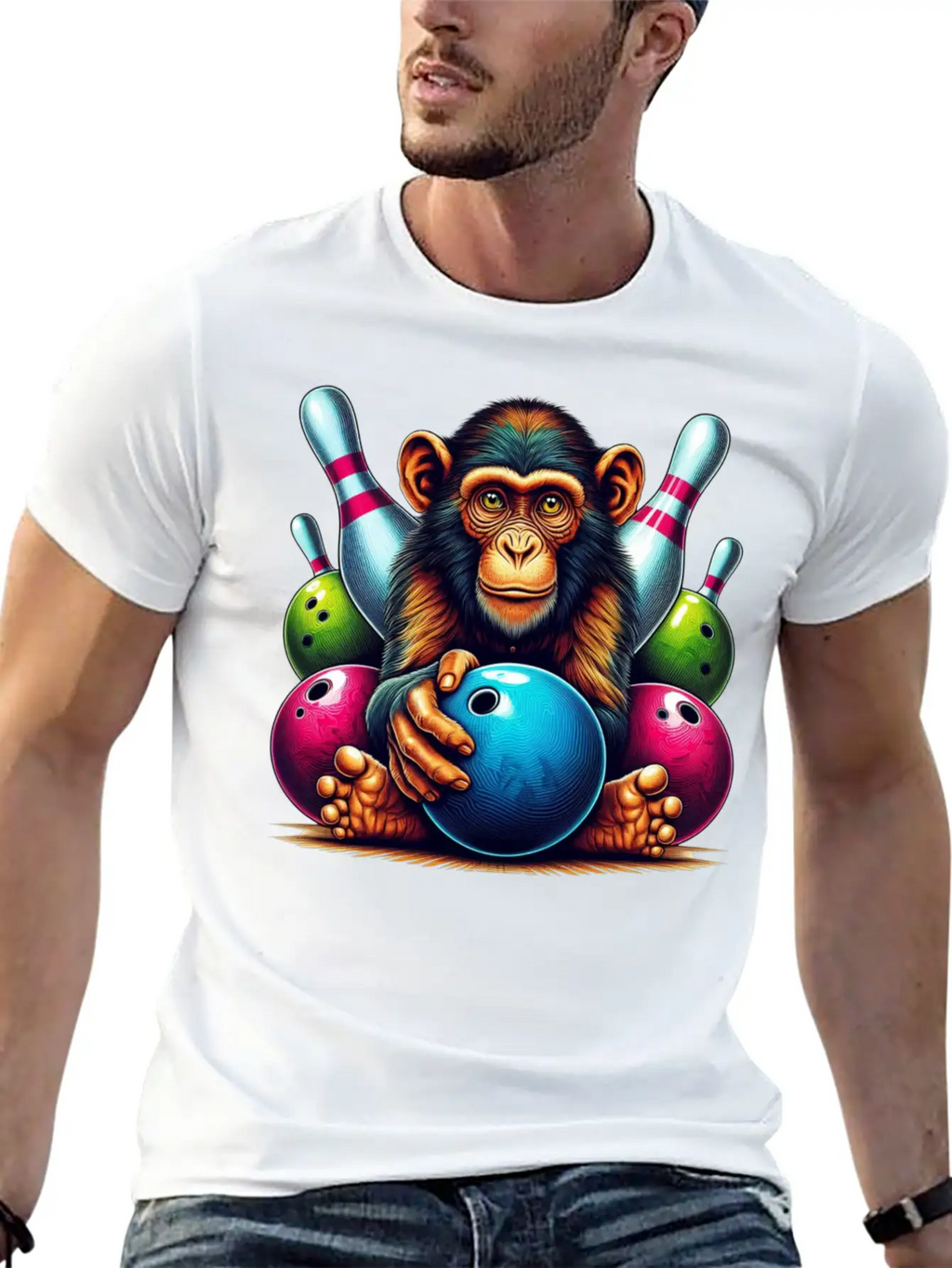 Monkey Playing Bowling Sports Lover Animal Basic Graphic T-Shirt – Daily Comfort In Soft Cotton