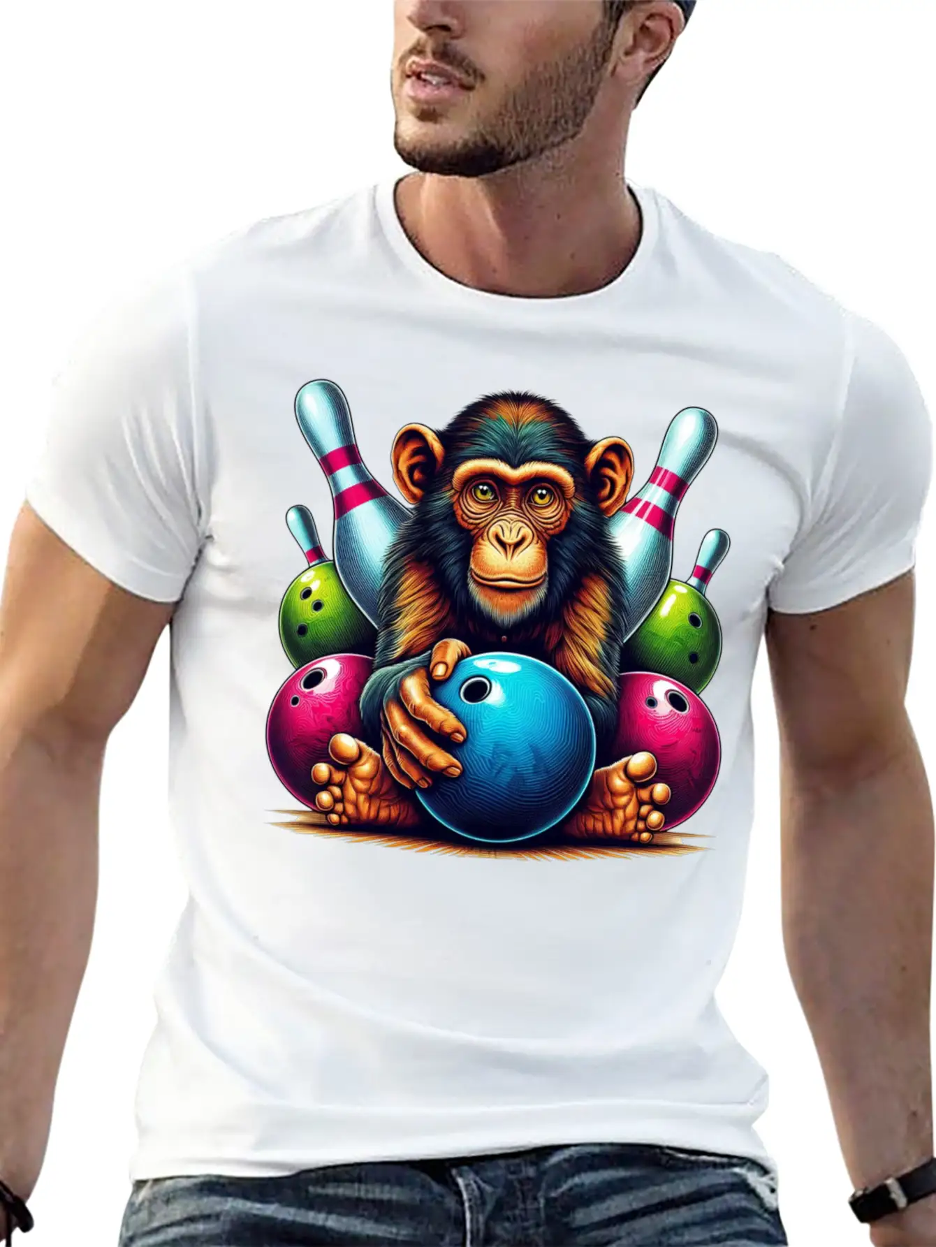 Monkey Playing Bowling Sports Lover Animal Basic Graphic T-Shirt – Daily Comfort In Soft Cotton