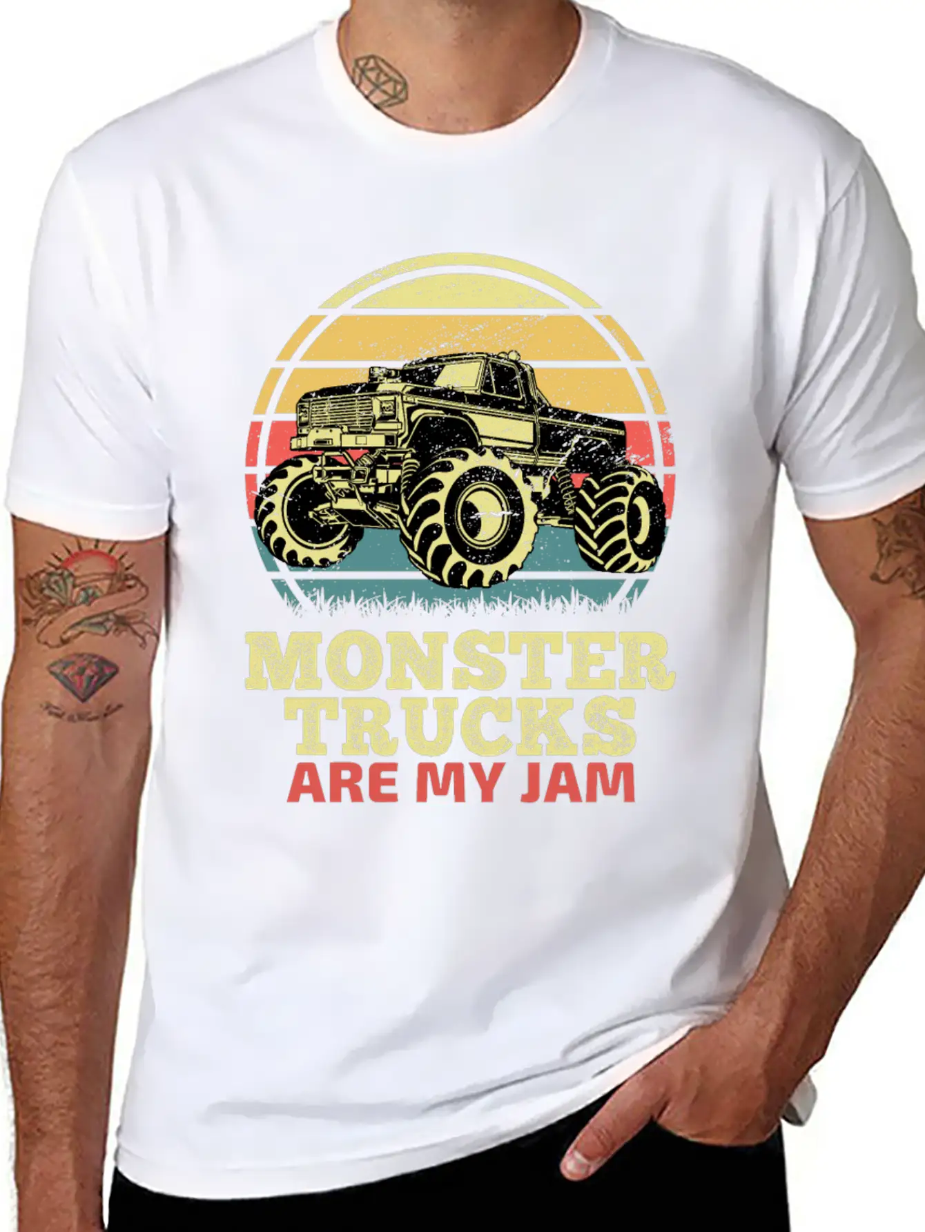 Monster Trucks Are My Jam Sunset Retro Relaxed Everyday Tee – Lightweight And Durable Cotton