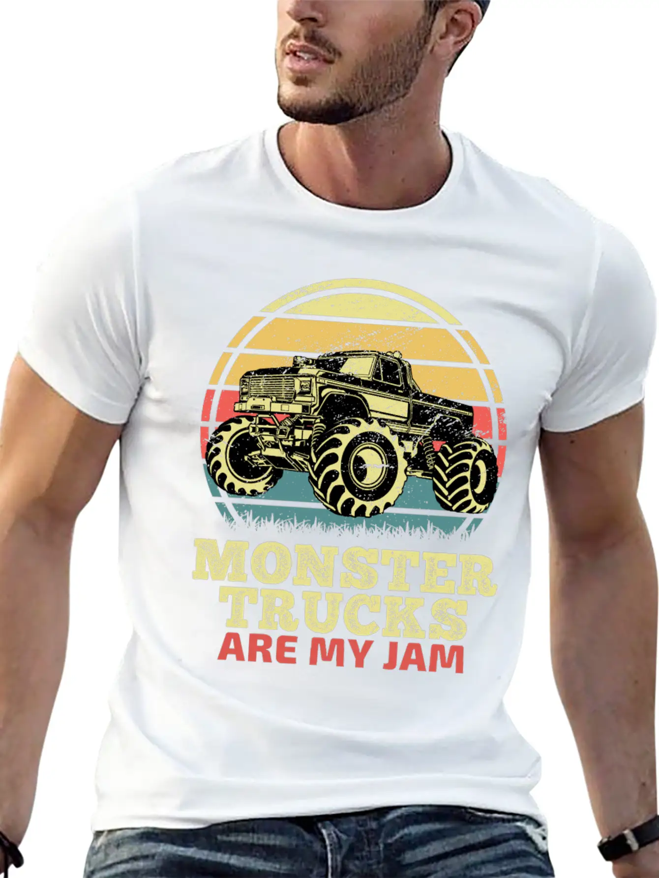 Monster Trucks Are My Jam Sunset Retro Relaxed Everyday Tee – Lightweight And Durable Cotton