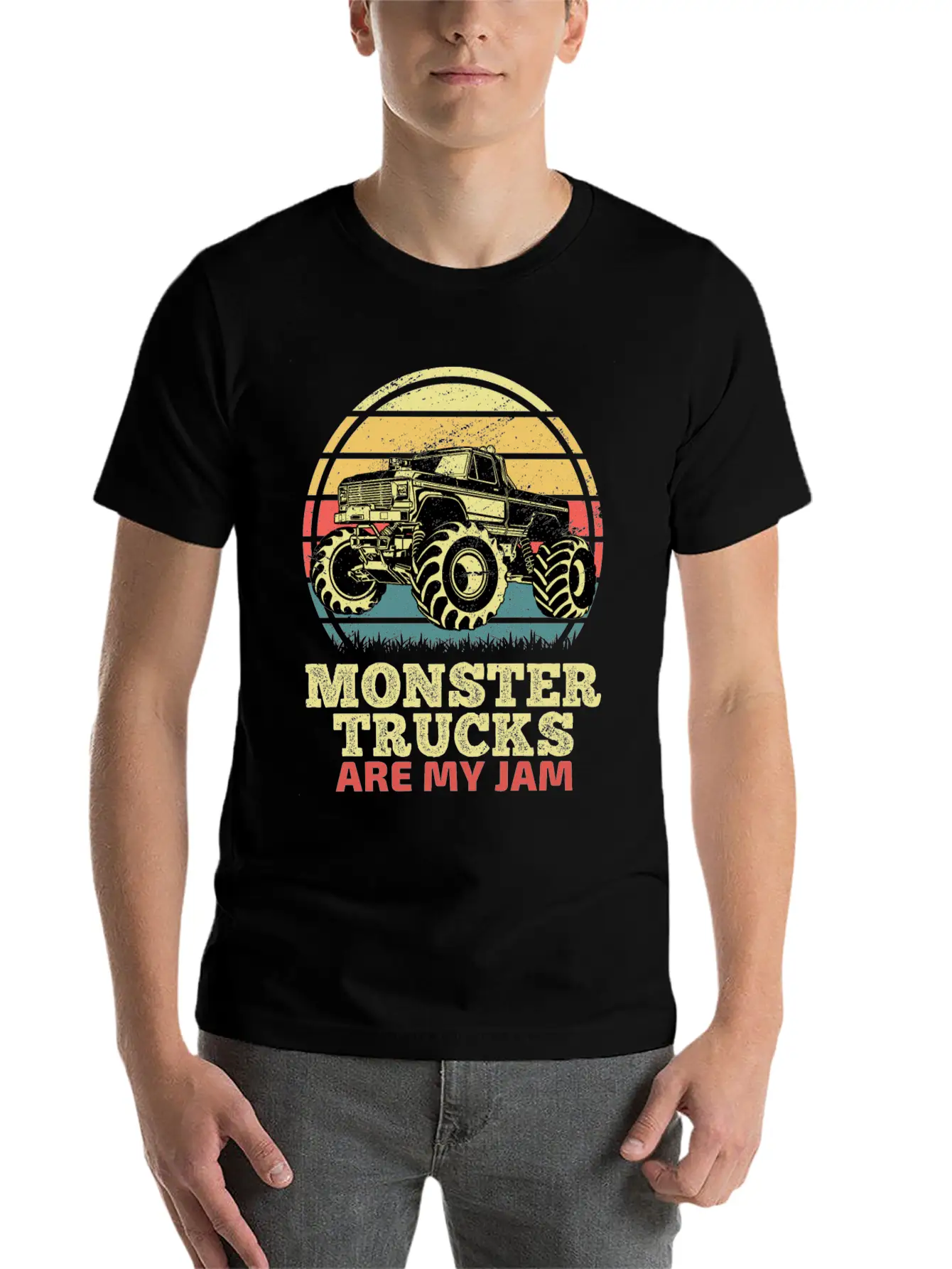 Monster Trucks Are My Jam Sunset Retro Relaxed Everyday Tee – Lightweight And Durable Cotton