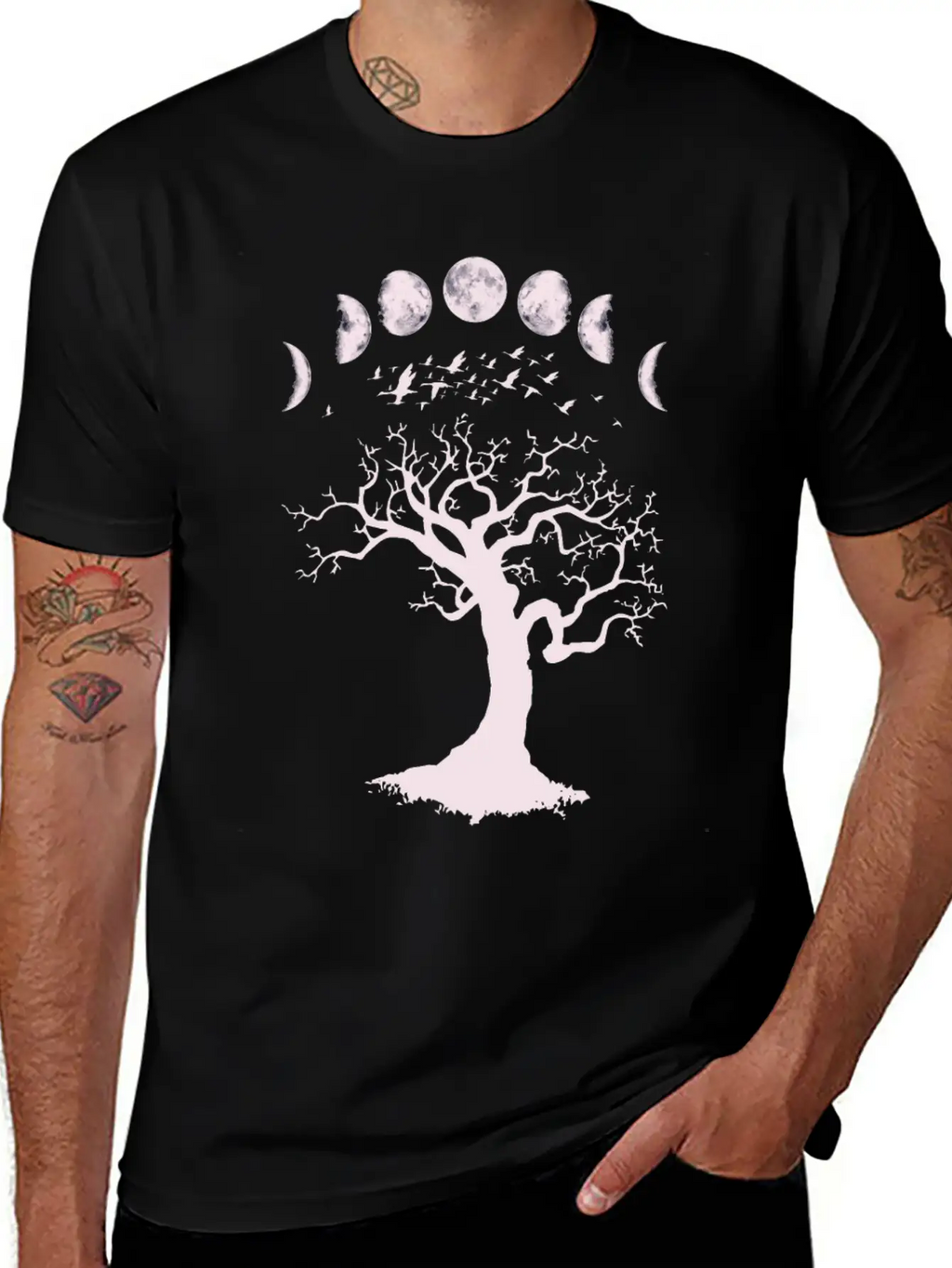 Moon Phases Gothic Tree Birds Breathable Graphic T-Shirt – Perfect For Casual Days