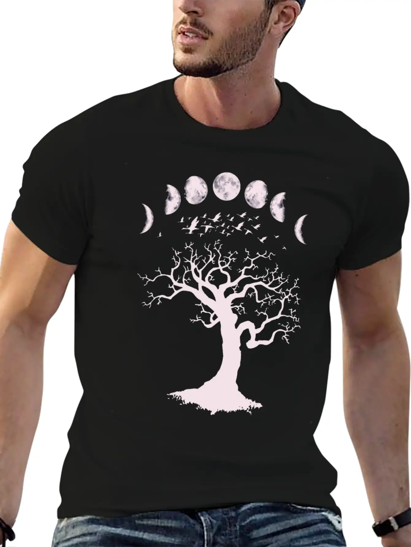 Moon Phases Gothic Tree Birds Breathable Graphic T-Shirt – Perfect For Casual Days