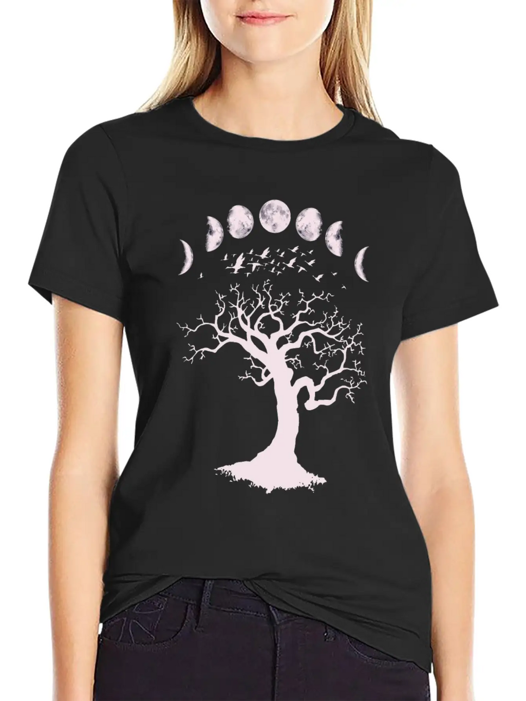 Moon Phases Gothic Tree Birds Breathable Graphic T-Shirt – Perfect For Casual Days