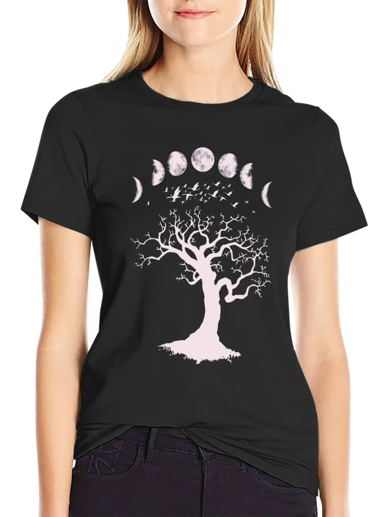 Moon Phases Gothic Tree Birds Breathable Graphic T-Shirt – Perfect For Casual Days