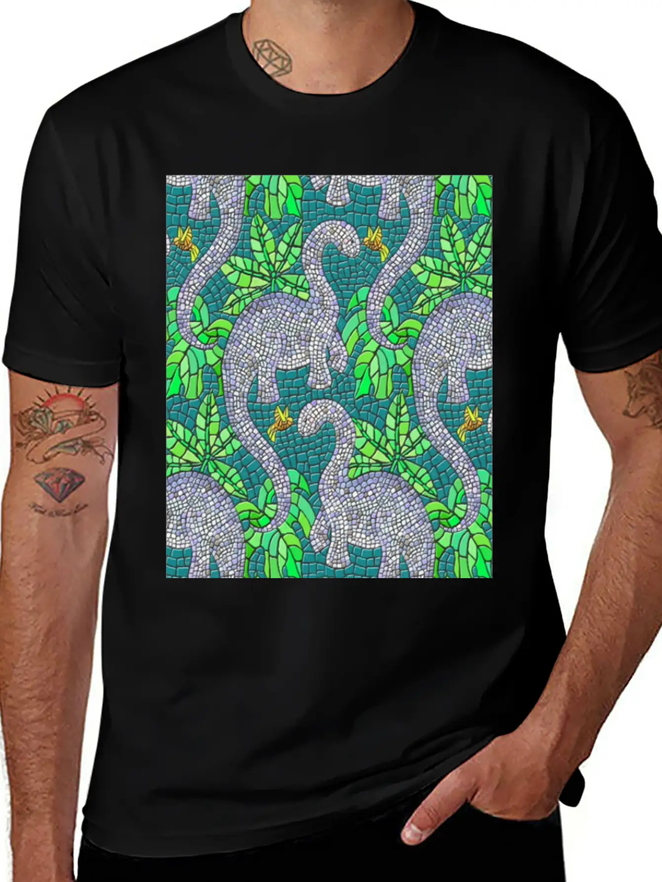 Mosaic Dinosaurs And Hummingbirds Essential Cotton Tee For Daily Outfits – Unisex Style