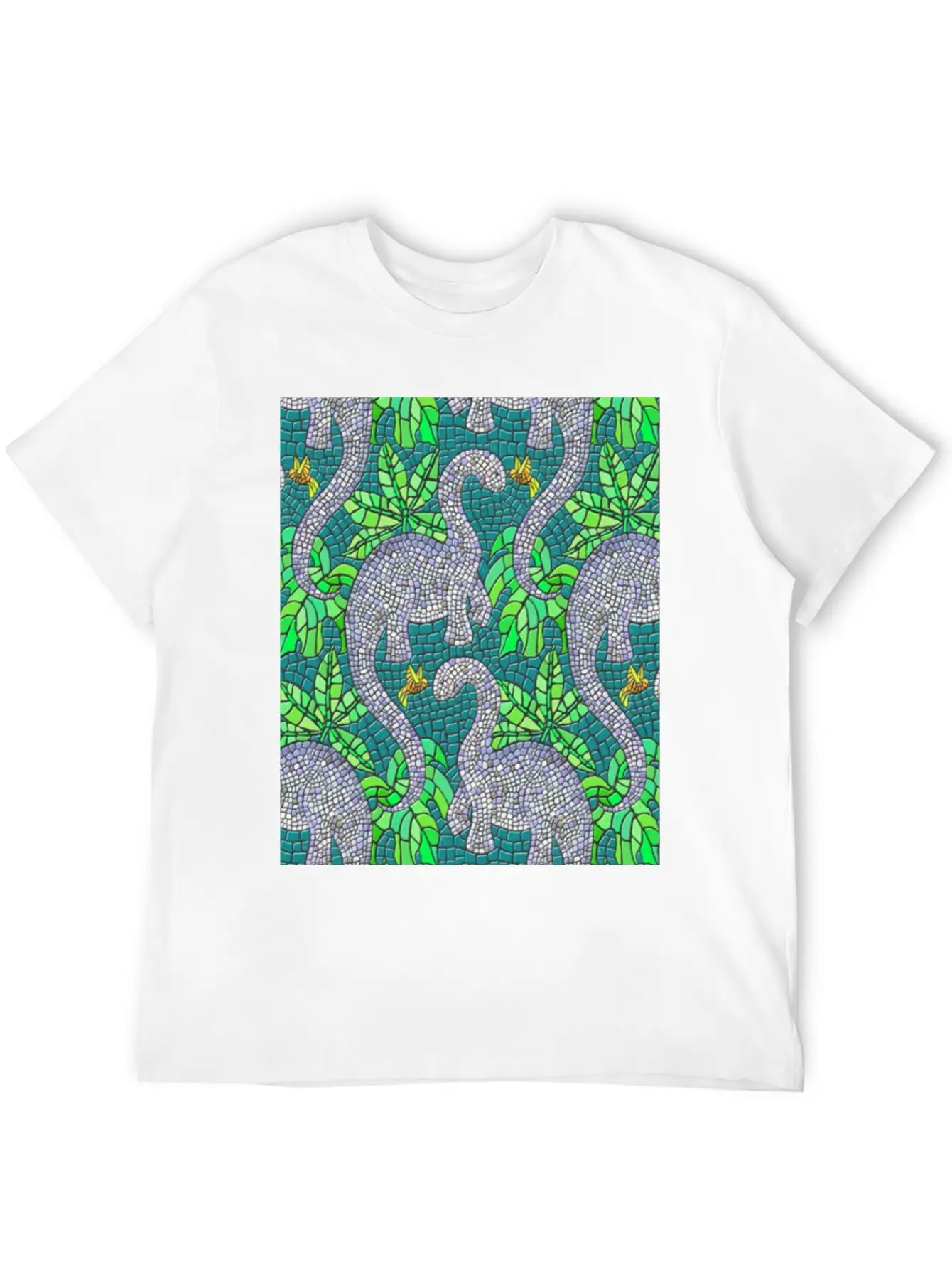 Mosaic Dinosaurs And Hummingbirds Essential Cotton Tee For Daily Outfits – Unisex Style