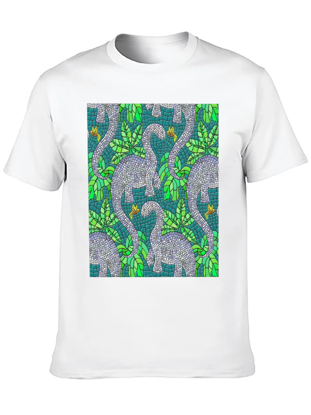 Mosaic Dinosaurs And Hummingbirds Essential Cotton Tee For Daily Outfits – Unisex Style