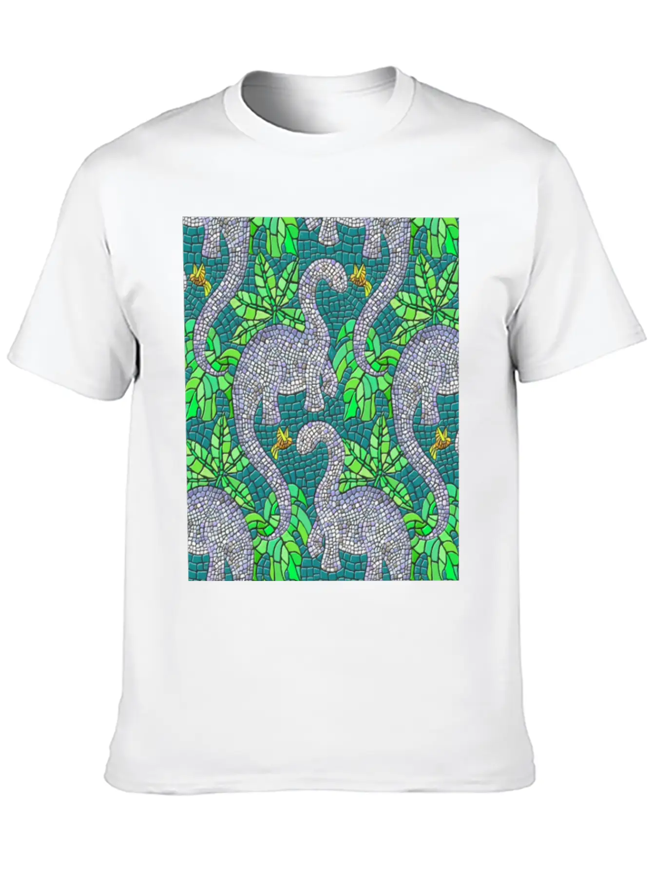 Mosaic Dinosaurs And Hummingbirds Essential Cotton Tee For Daily Outfits – Unisex Style