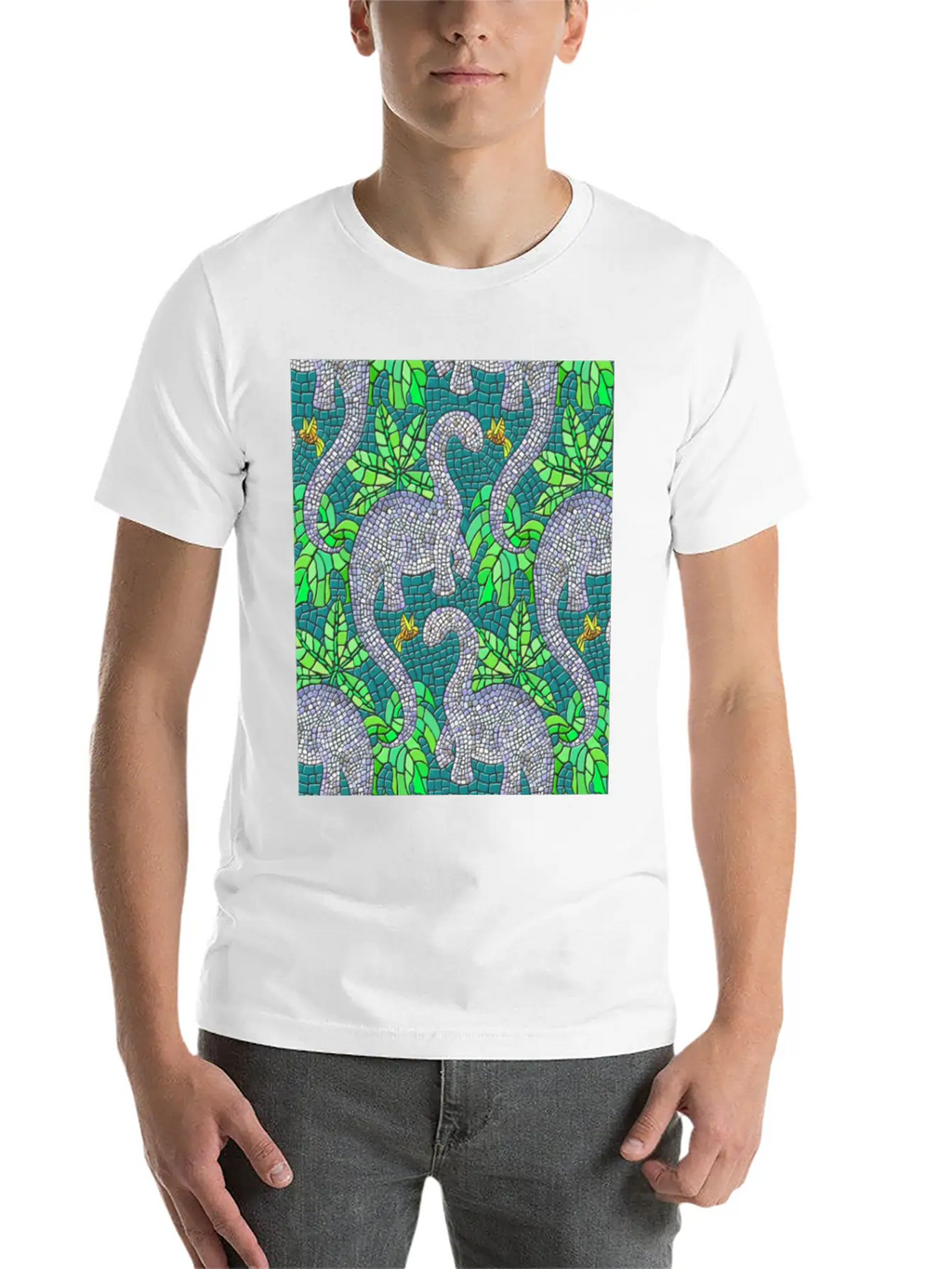 Mosaic Dinosaurs And Hummingbirds Essential Cotton Tee For Daily Outfits – Unisex Style
