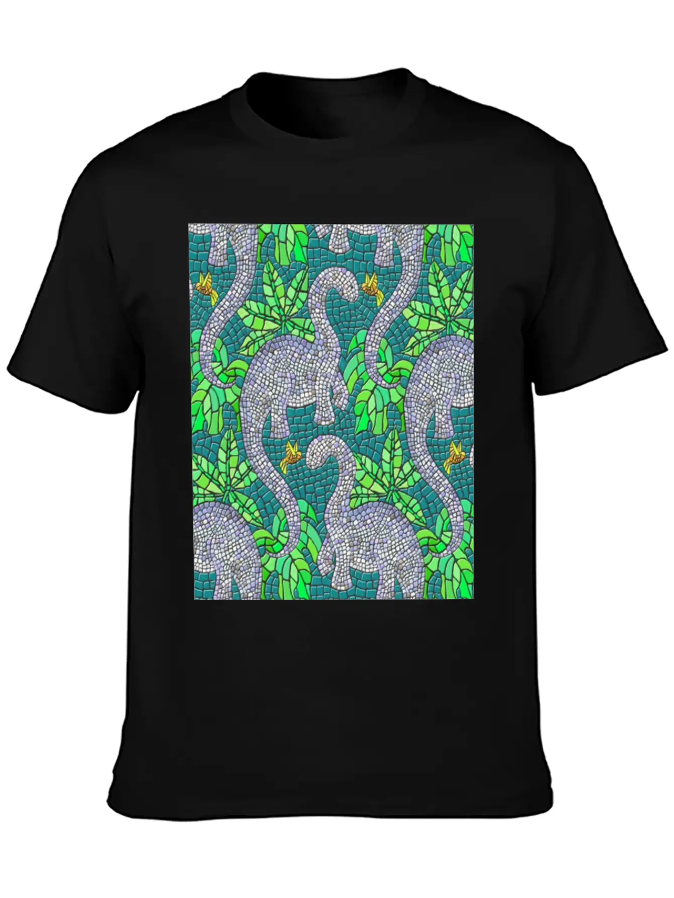 Mosaic Dinosaurs And Hummingbirds Essential Cotton Tee For Daily Outfits – Unisex Style
