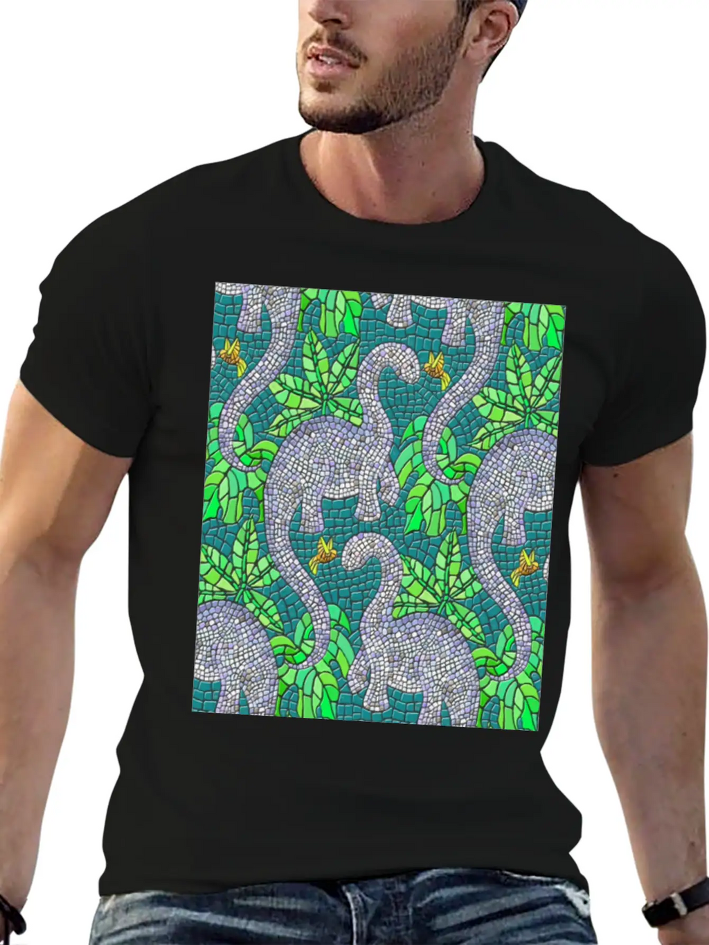 Mosaic Dinosaurs And Hummingbirds Essential Cotton Tee For Daily Outfits – Unisex Style