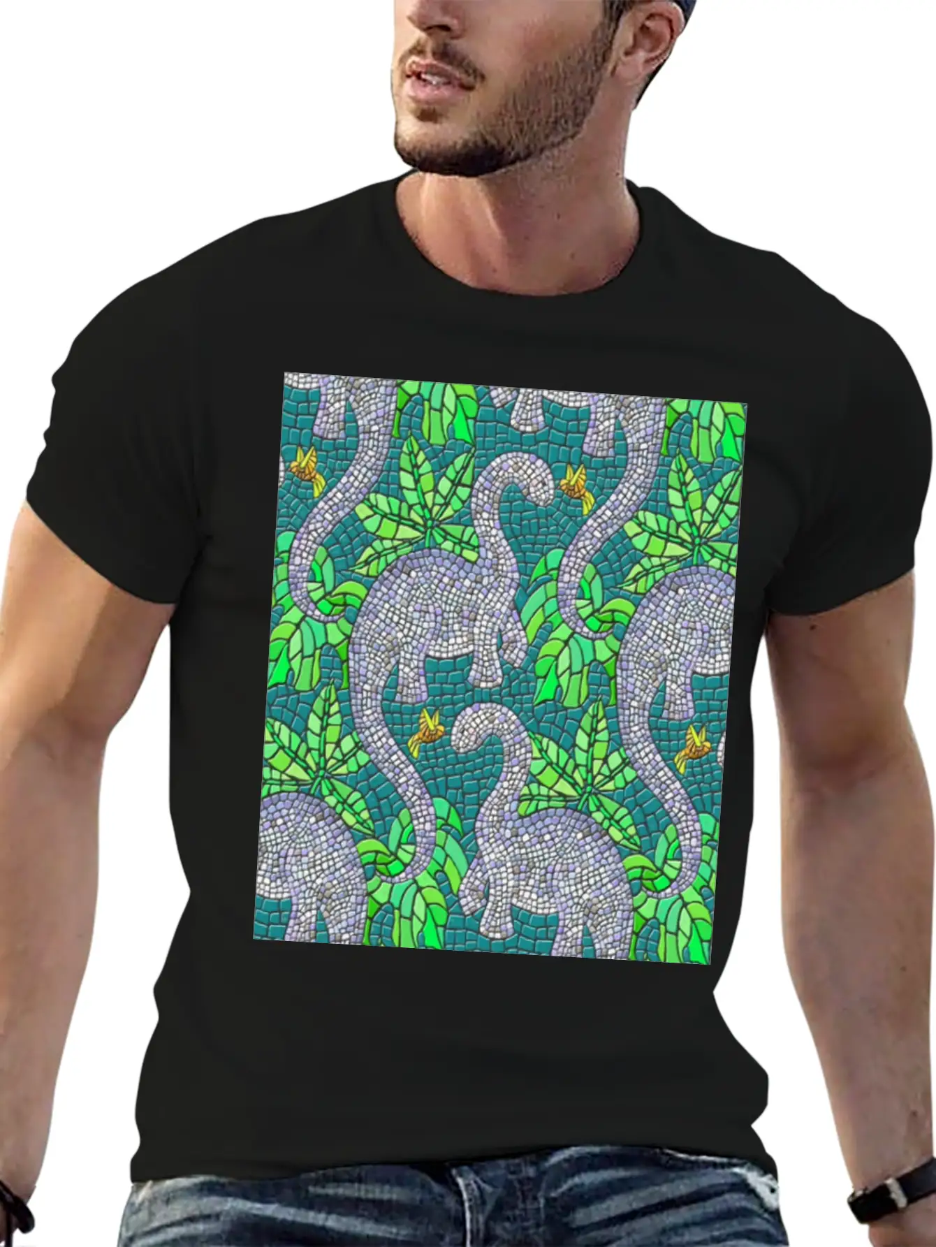 Mosaic Dinosaurs And Hummingbirds Essential Cotton Tee For Daily Outfits – Unisex Style