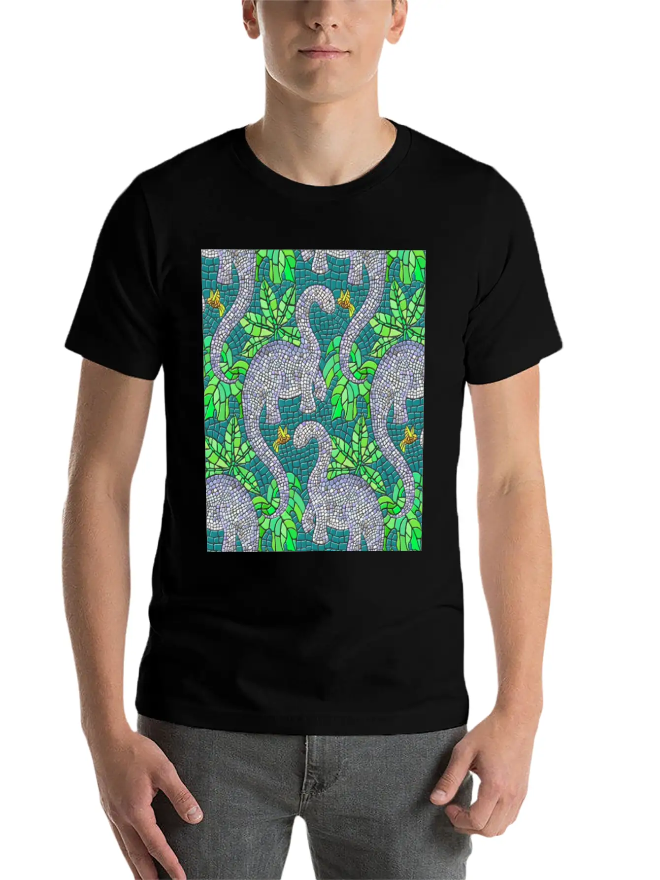 Mosaic Dinosaurs And Hummingbirds Essential Cotton Tee For Daily Outfits – Unisex Style