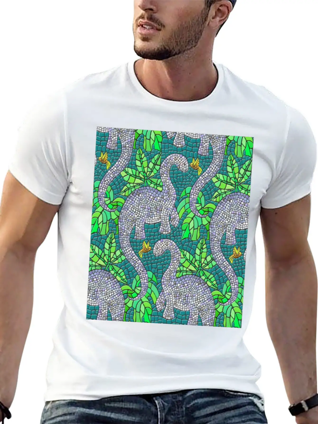 Mosaic Dinosaurs And Hummingbirds Essential Cotton Tee For Daily Outfits – Unisex Style