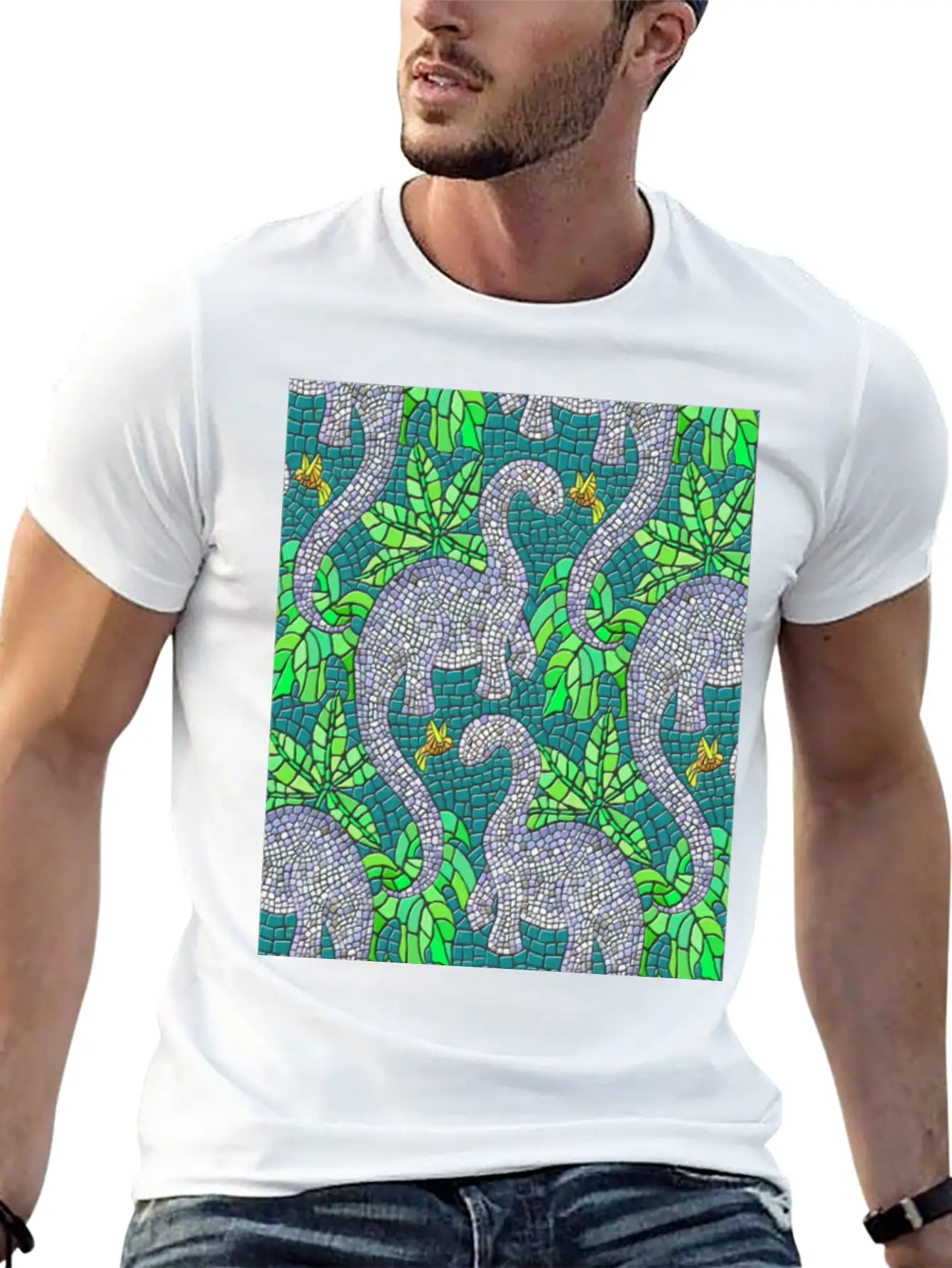 Mosaic Dinosaurs And Hummingbirds Essential Cotton Tee For Daily Outfits – Unisex Style