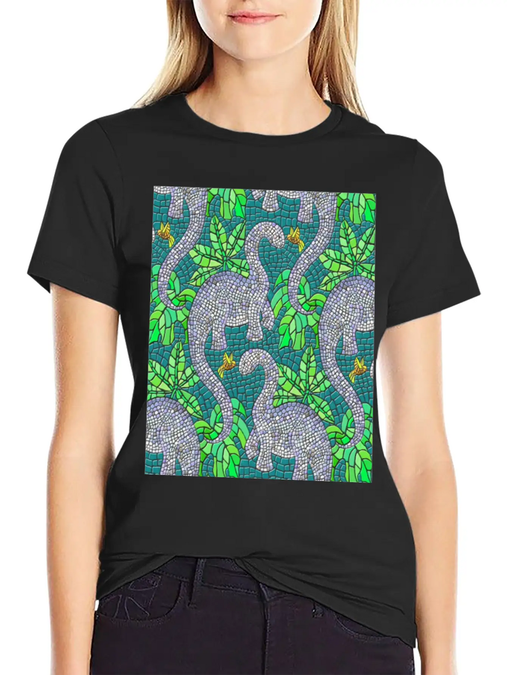 Mosaic Dinosaurs And Hummingbirds Essential Cotton Tee For Daily Outfits – Unisex Style
