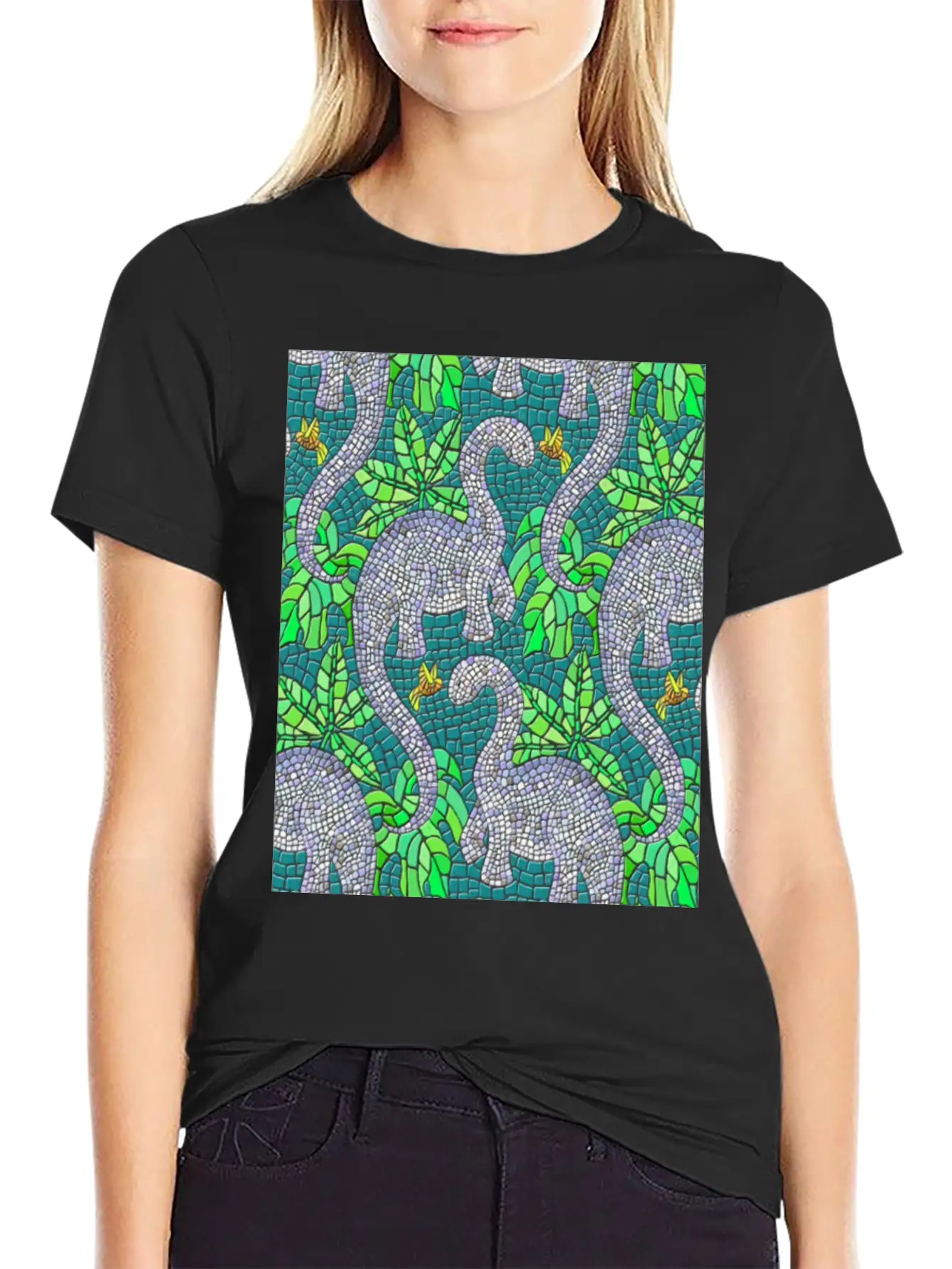 Mosaic Dinosaurs And Hummingbirds Essential Cotton Tee For Daily Outfits – Unisex Style