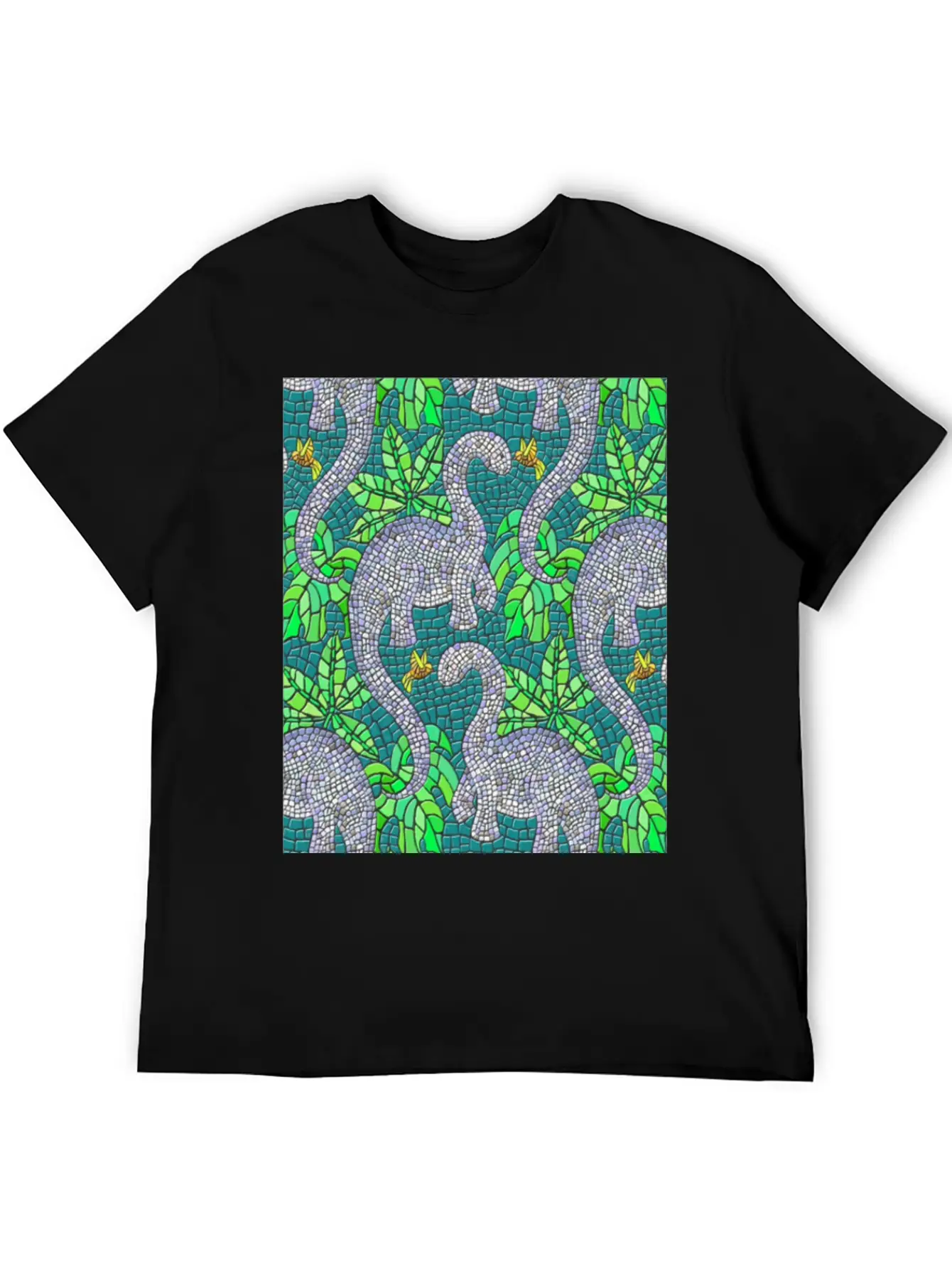 Mosaic Dinosaurs And Hummingbirds Essential Cotton Tee For Daily Outfits – Unisex Style