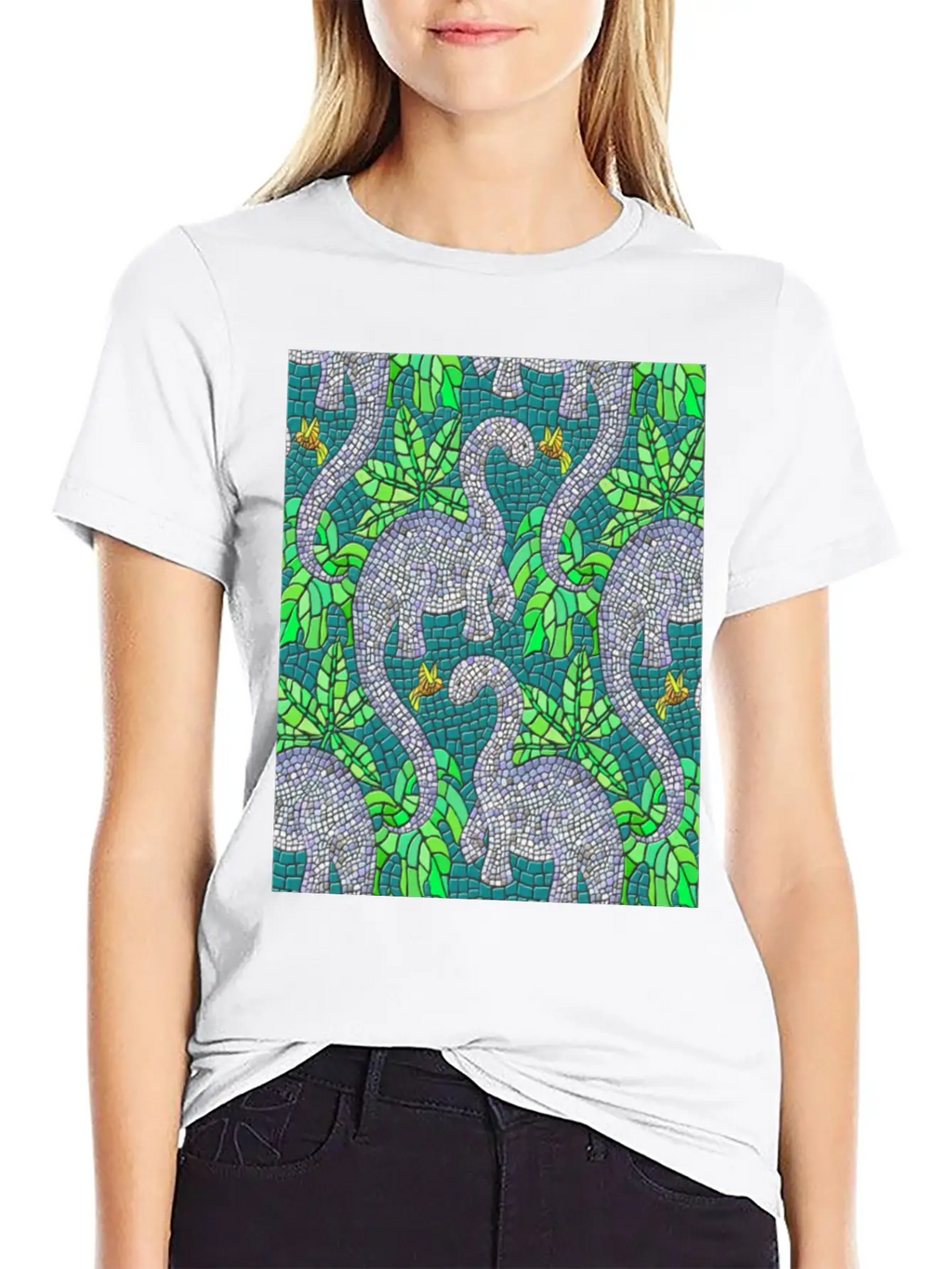 Mosaic Dinosaurs And Hummingbirds Essential Cotton Tee For Daily Outfits – Unisex Style
