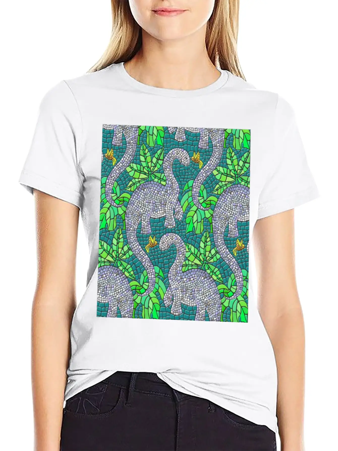 Mosaic Dinosaurs And Hummingbirds Essential Cotton Tee For Daily Outfits – Unisex Style