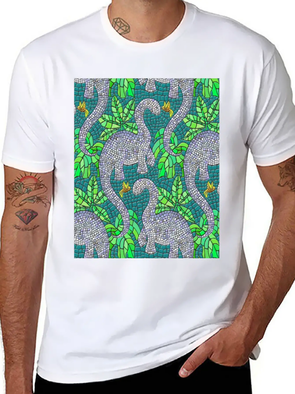 Mosaic Dinosaurs And Hummingbirds Essential Cotton Tee For Daily Outfits – Unisex Style