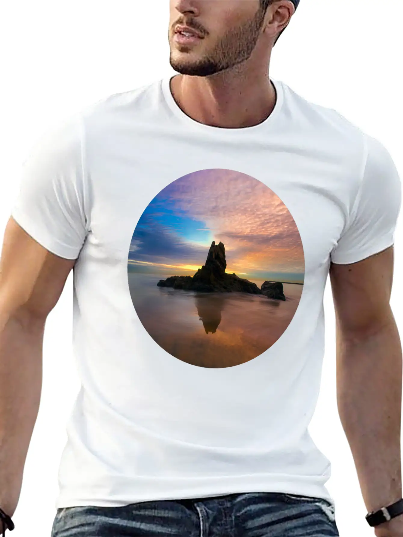 Mountain Water Sunset Basic Graphic T-Shirt – Daily Comfort In Soft Cotton