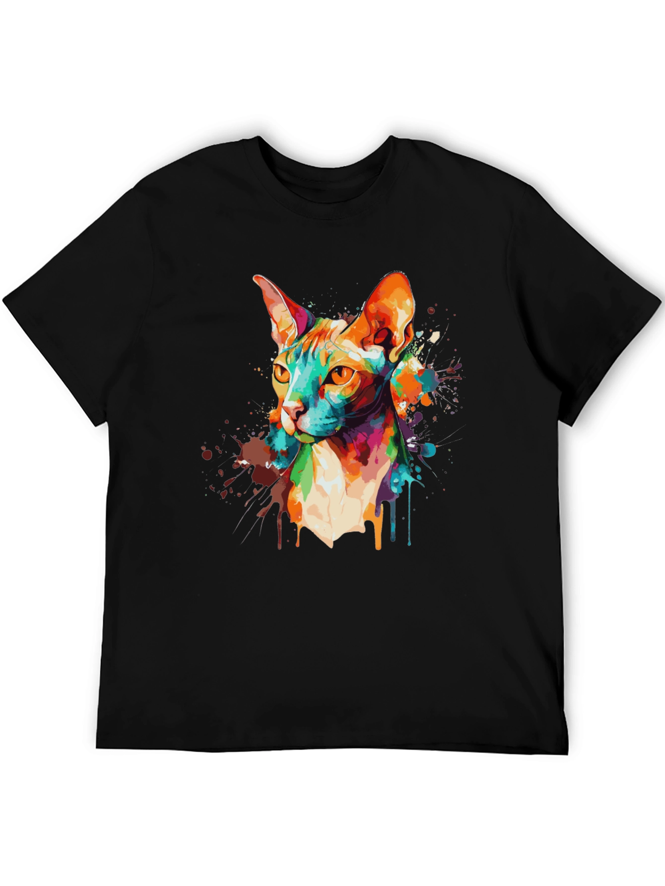 Colorful Cat Graphic Black T-Shirt