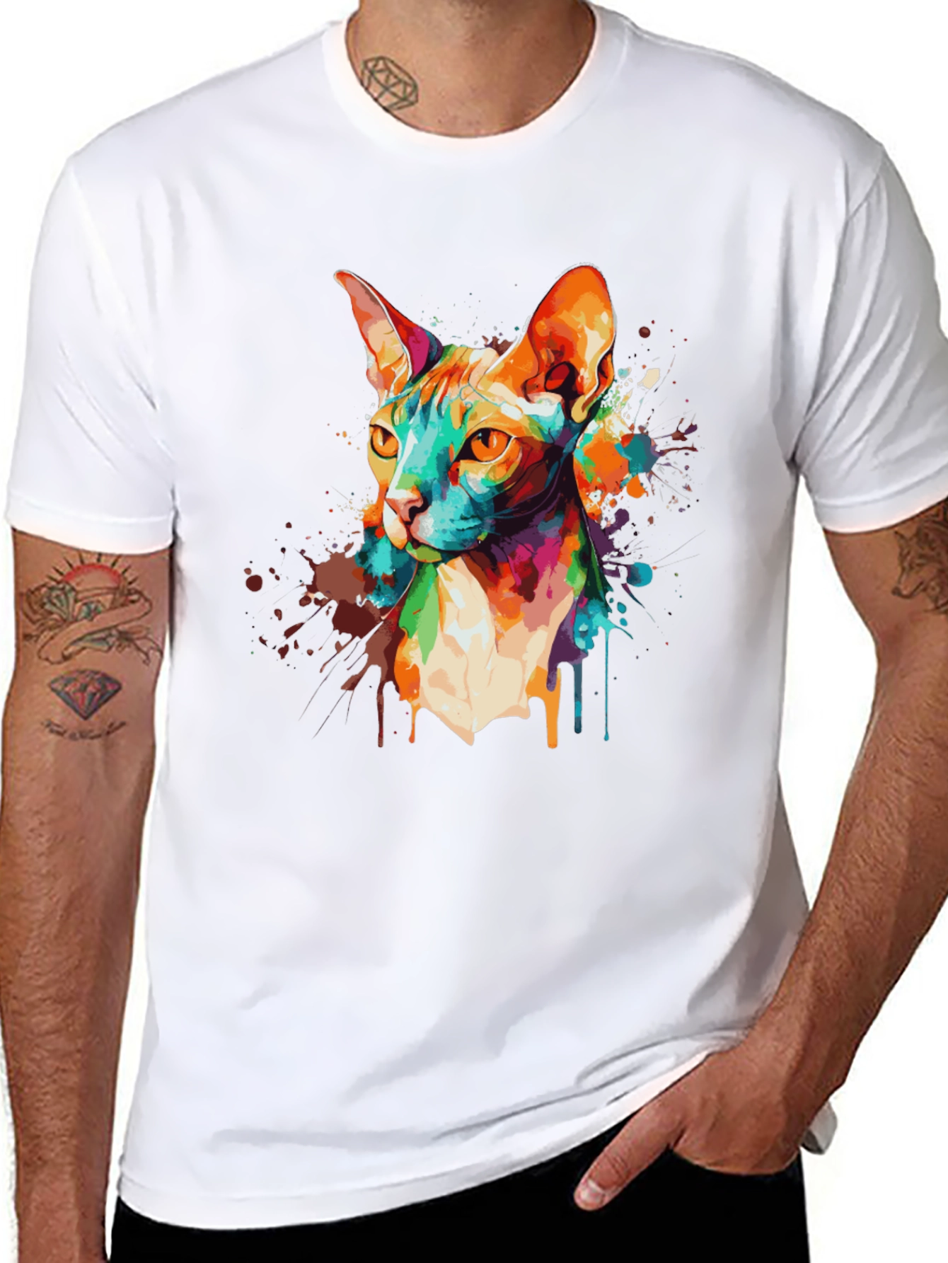 Colorful Cat Graphic Black T-Shirt
