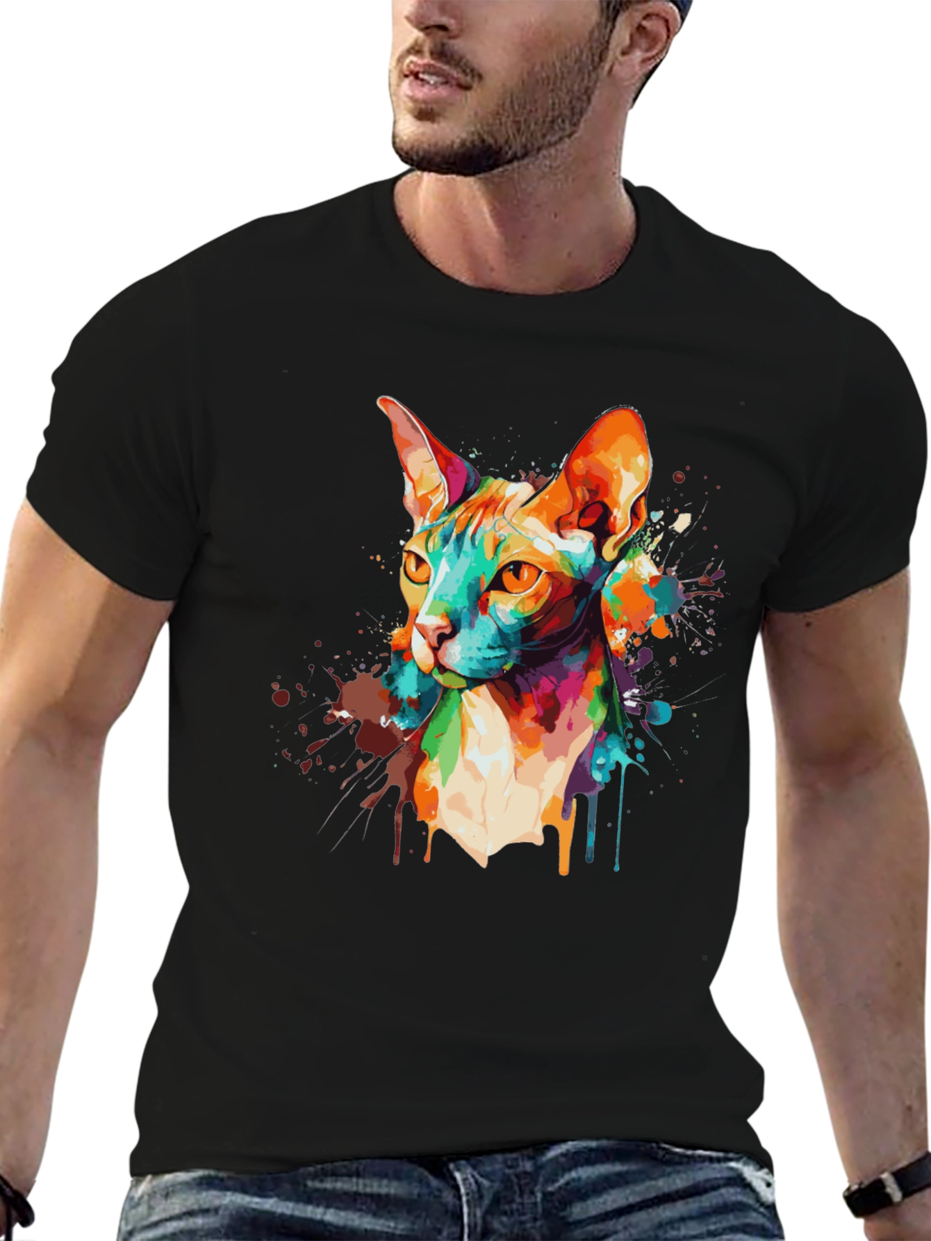 Colorful Cat Graphic Black T-Shirt