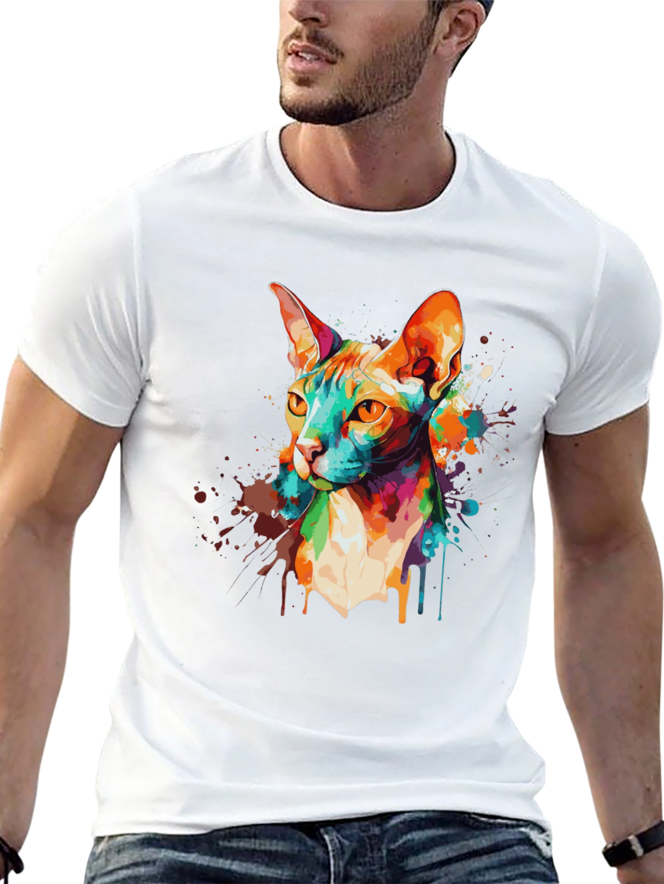Colorful Cat Graphic Black T-Shirt