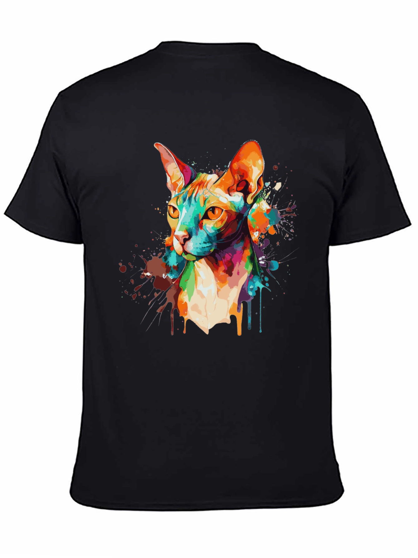 Colorful Cat Graphic Black T-Shirt