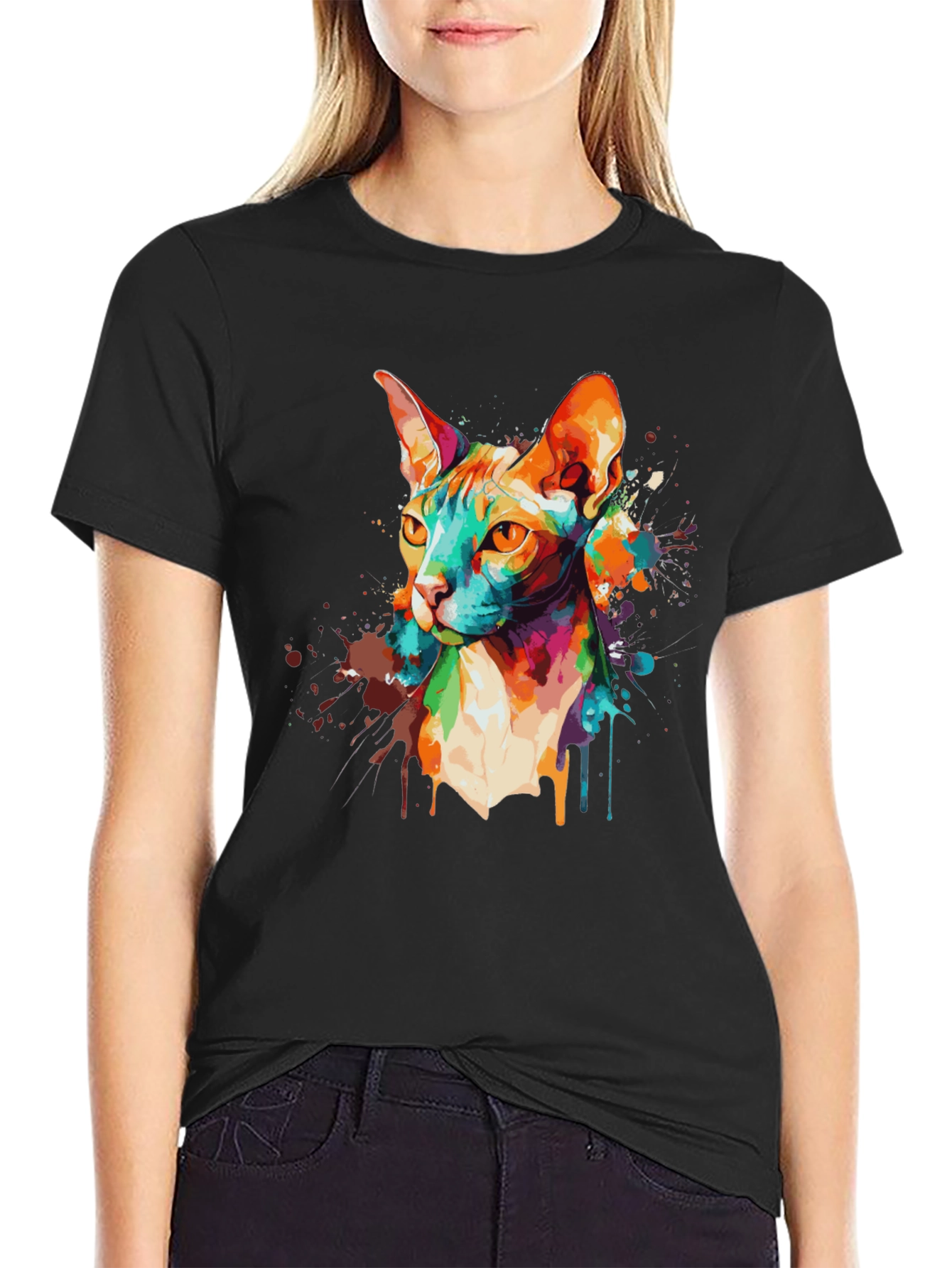 Colorful Cat Graphic Black T-Shirt