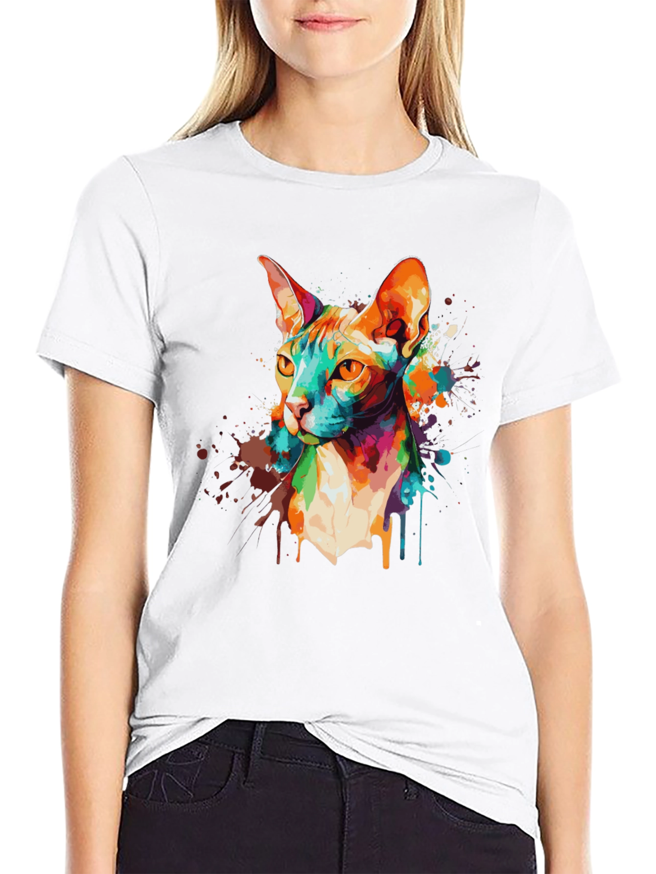 Colorful Cat Graphic Black T-Shirt