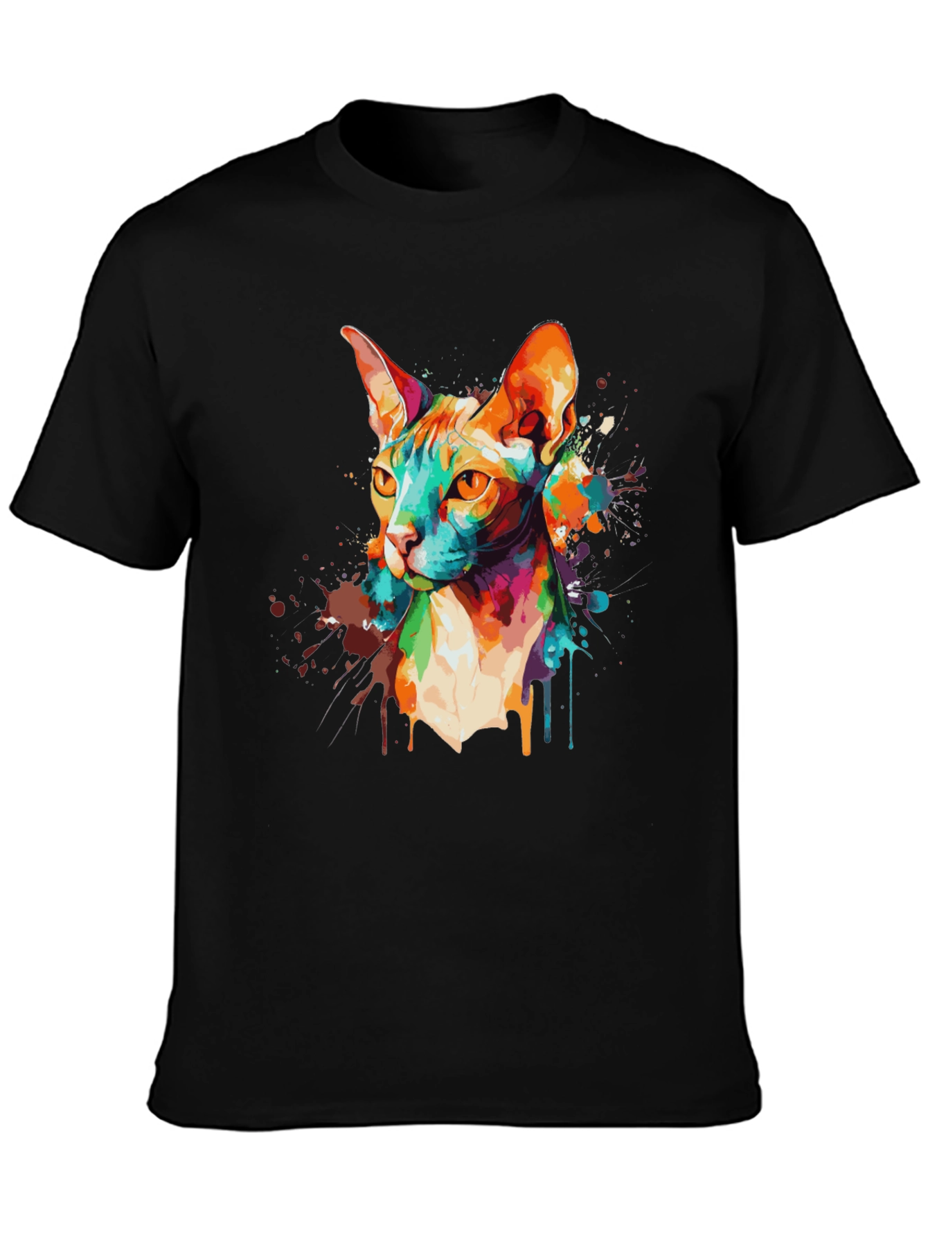 Colorful Cat Graphic Black T-Shirt
