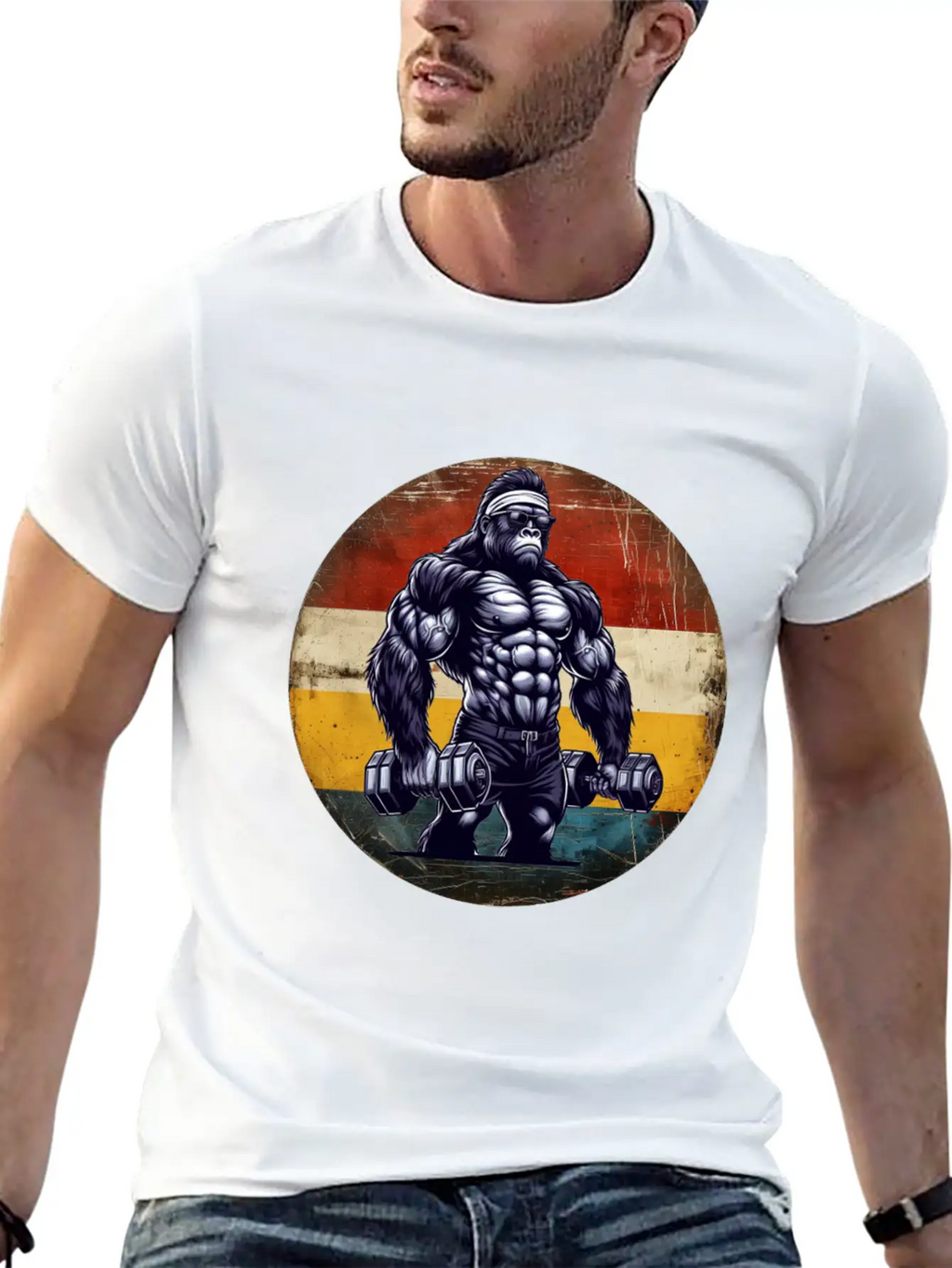Muscular Gorilla Bodybuilder Gym Workout Sunset Stylish Everyday T-Shirt – Unisex Basic Cotton Tee