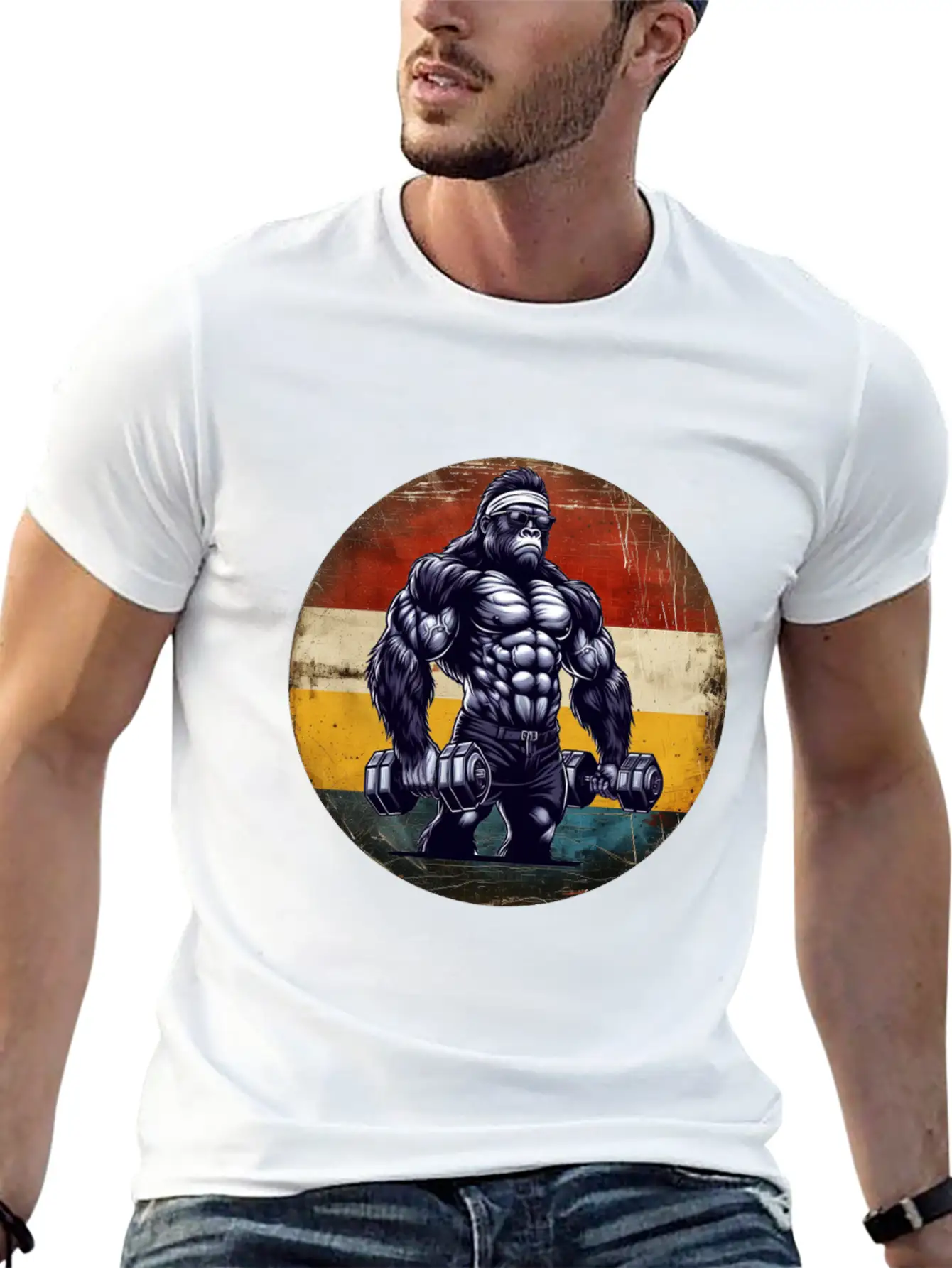 Muscular Gorilla Bodybuilder Gym Workout Sunset Stylish Everyday T-Shirt – Unisex Basic Cotton Tee