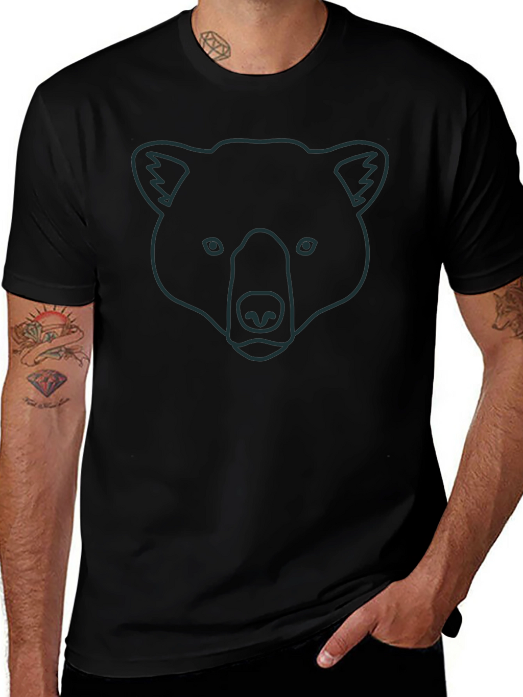 Bear Outline Graphic Tee - Unisex Black Cotton T-Shirt