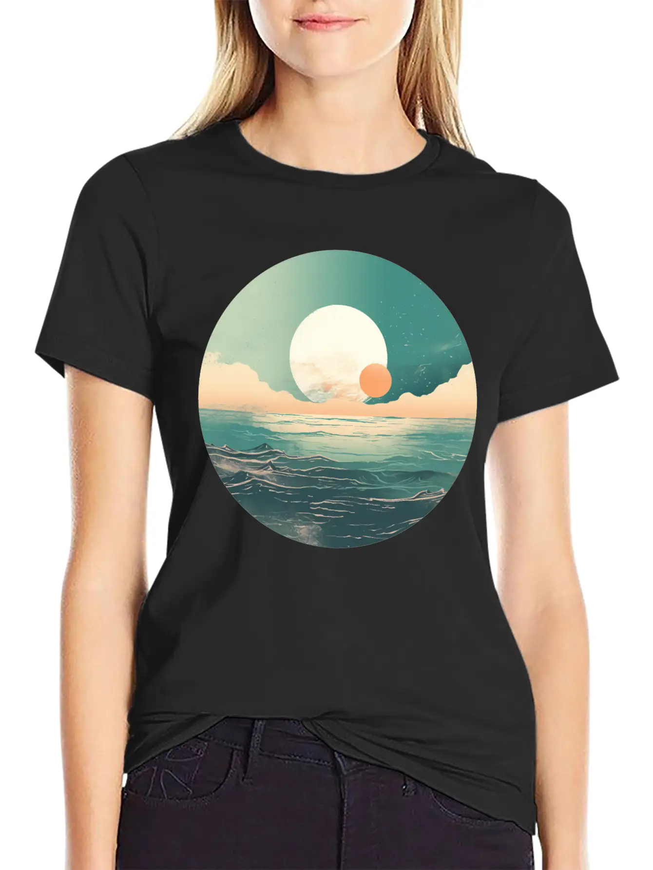 Mystical Deep See Moon Tides And Clouds Basic Graphic T-Shirt – Daily Comfort In Soft Cotton