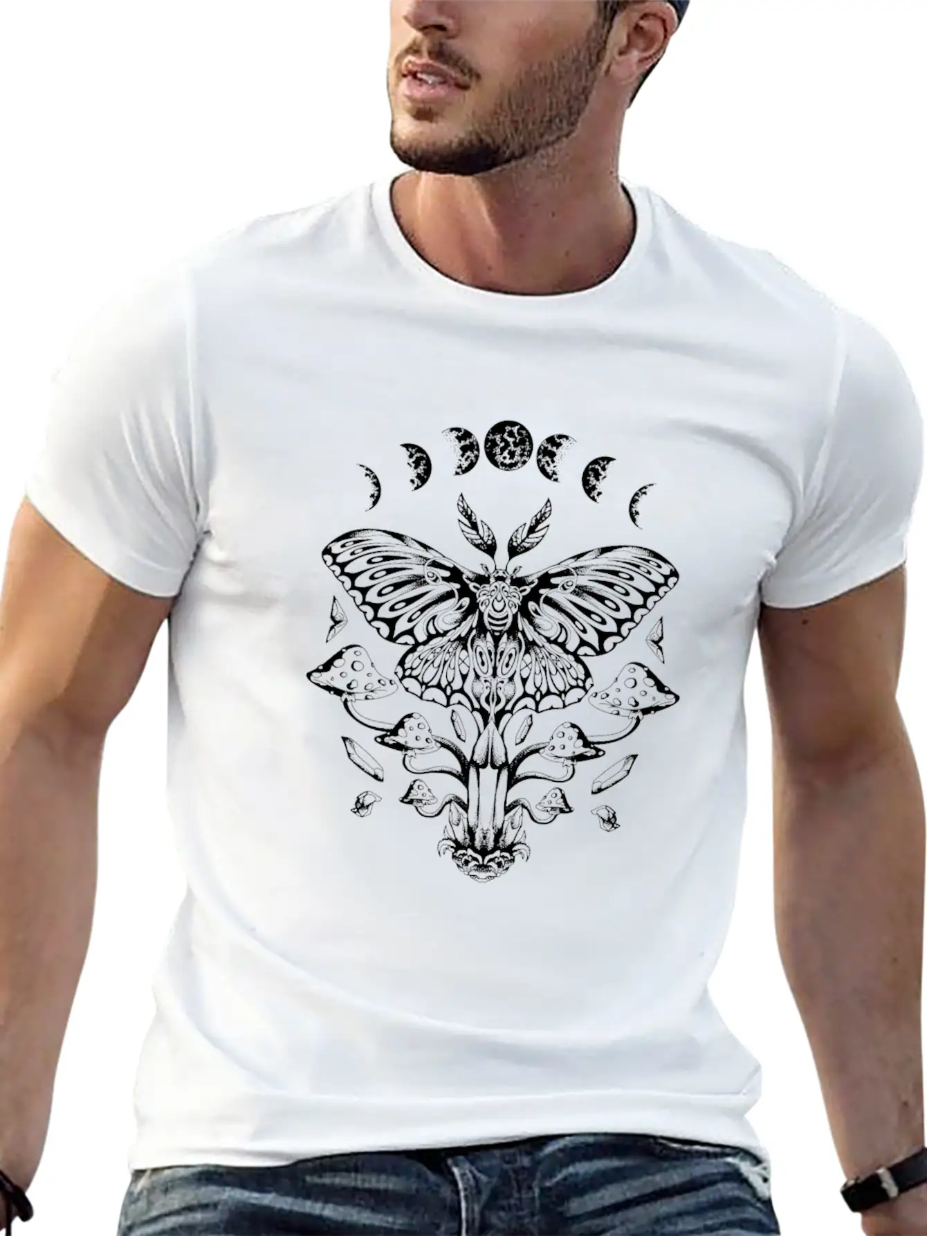 Mystical Luna Moth And Mushrooms With Moon Phases Timeless Short Sleeve Tee – Comfy And Minimalist Design