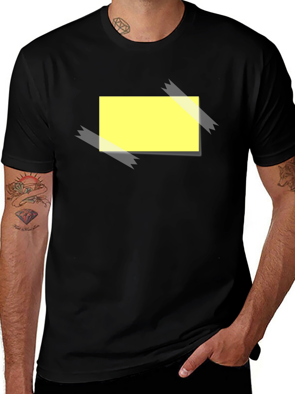 Mens Black T-Shirt with Yellow Sticky Note Design