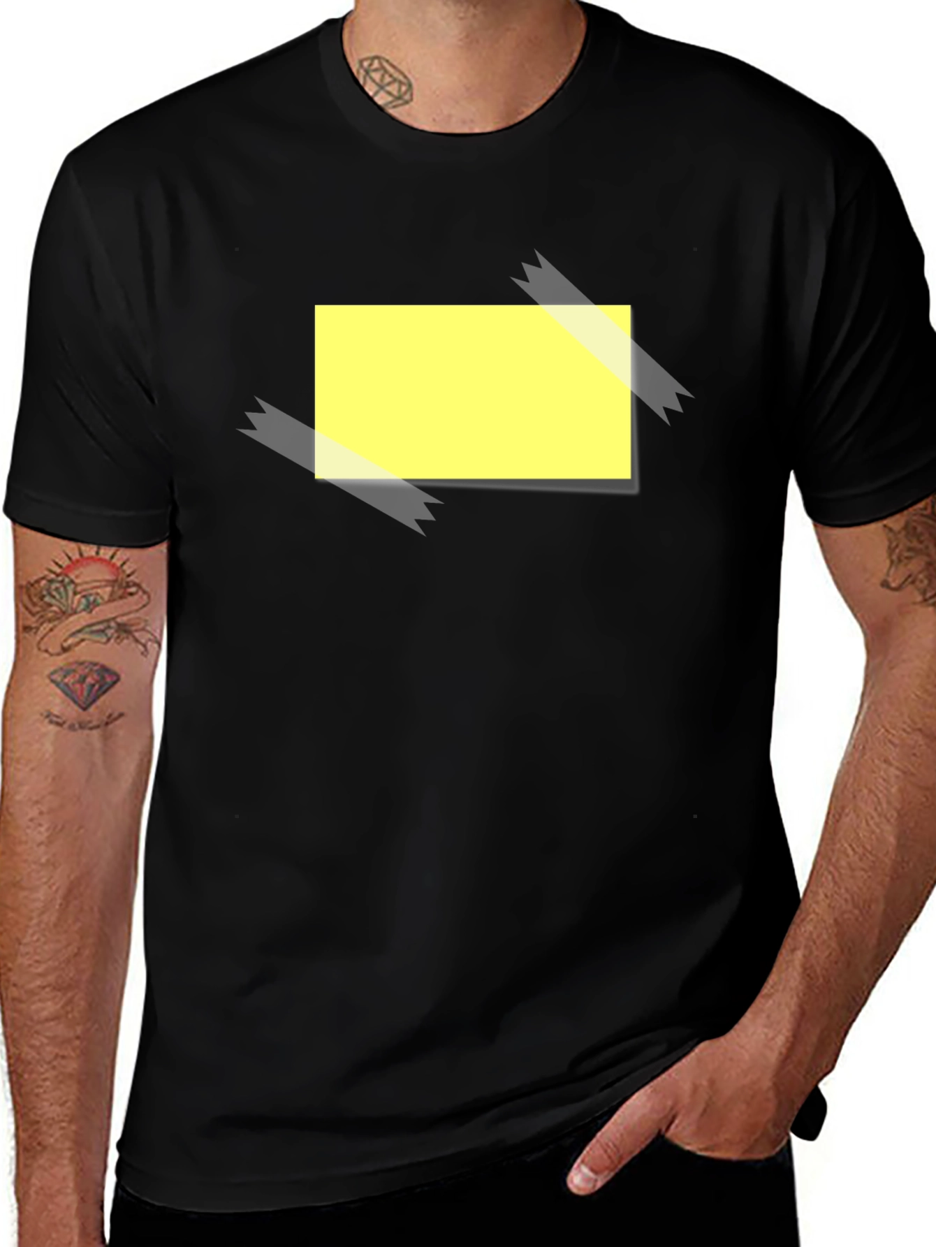 Mens Black T-Shirt with Yellow Sticky Note Design