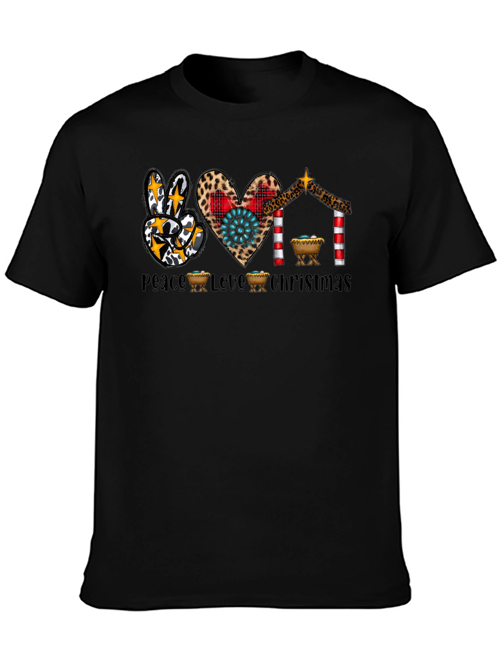 Peace Love Christmas T-Shirt Nativity Leopard Print