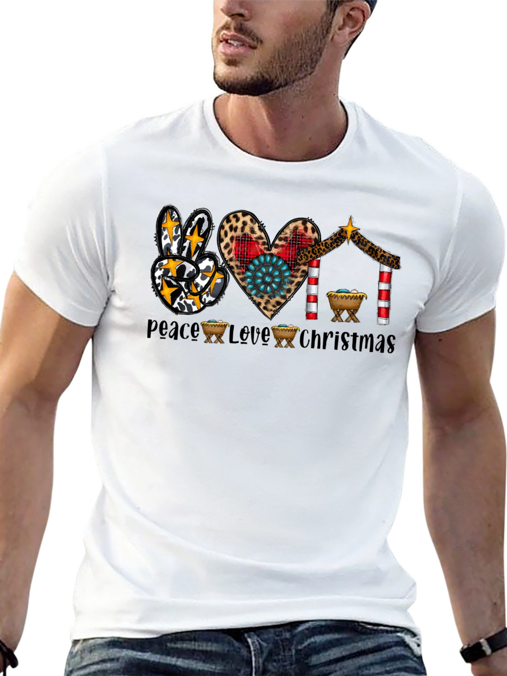 Peace Love Christmas T-Shirt Nativity Leopard Print