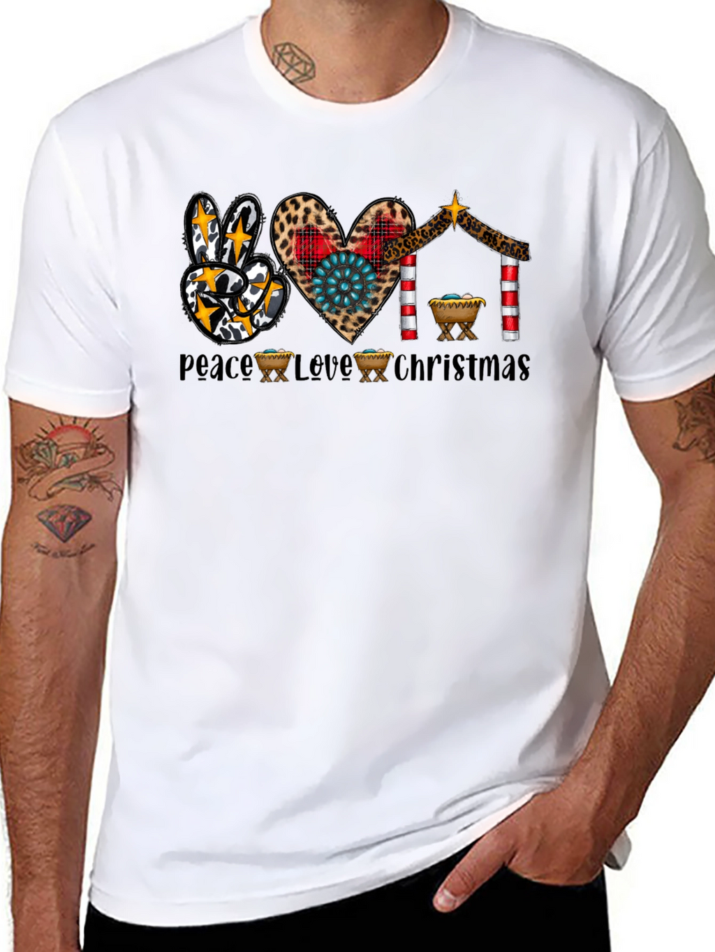 Peace Love Christmas T-Shirt Nativity Leopard Print