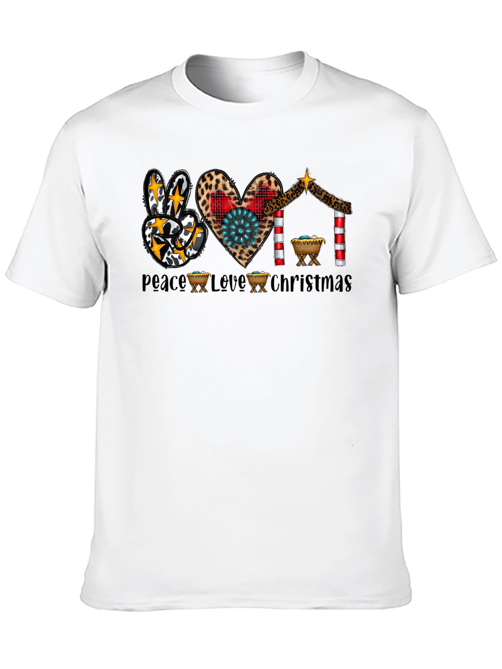 Peace Love Christmas T-Shirt Nativity Leopard Print