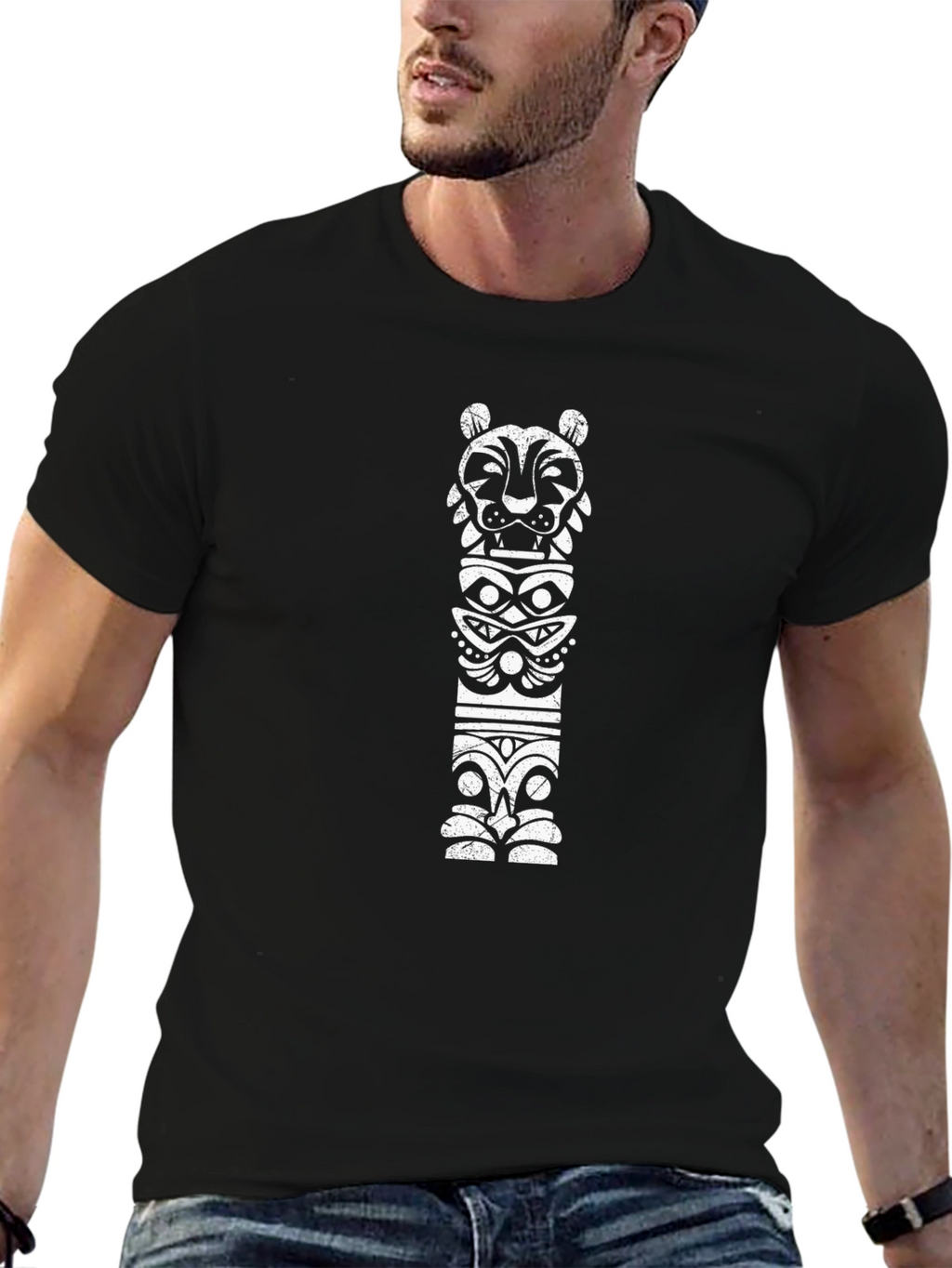 Tribal Totem Graphic Tee - Black Cotton T-Shirt