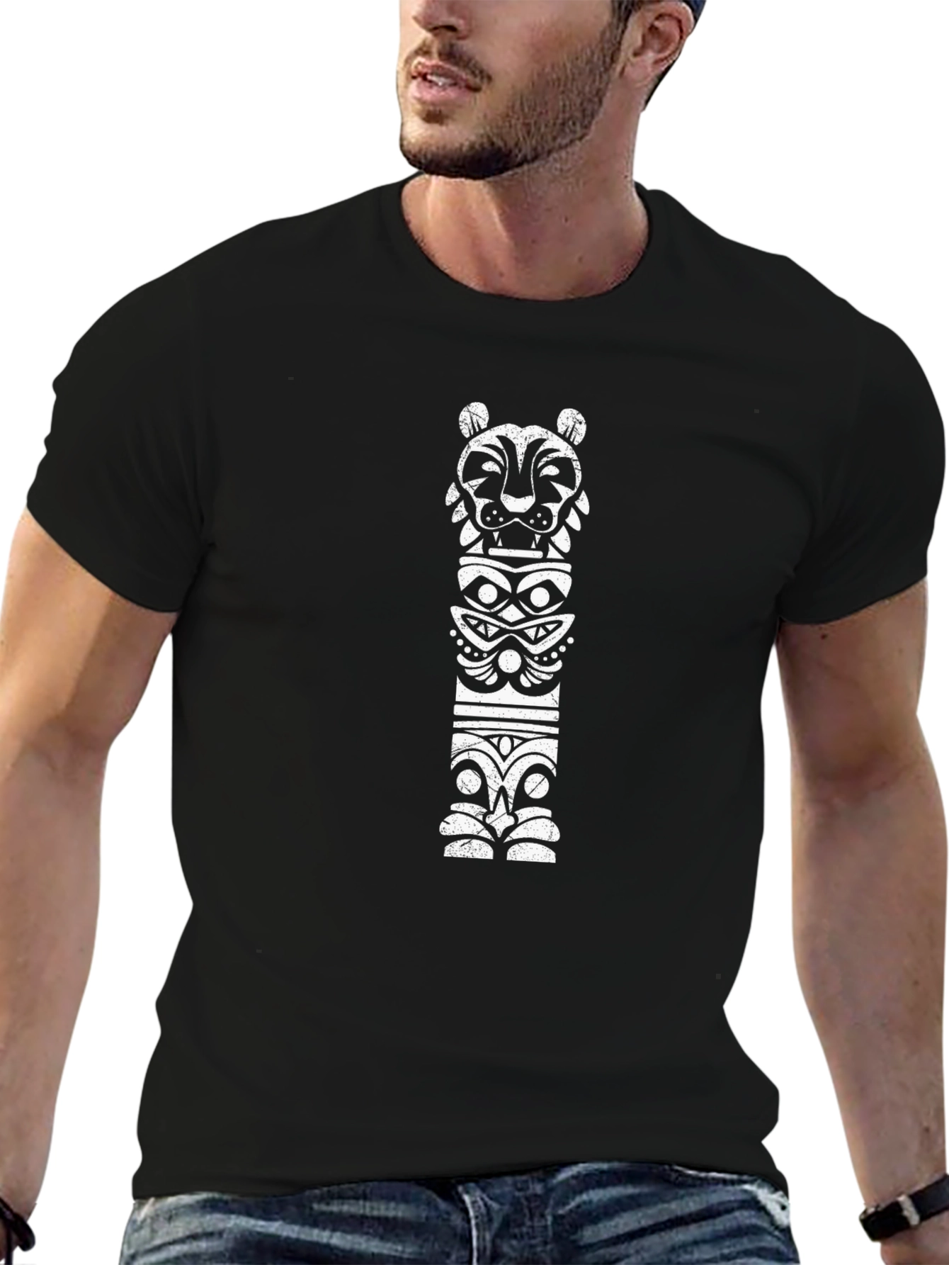 Tribal Totem Graphic Tee - Black Cotton T-Shirt
