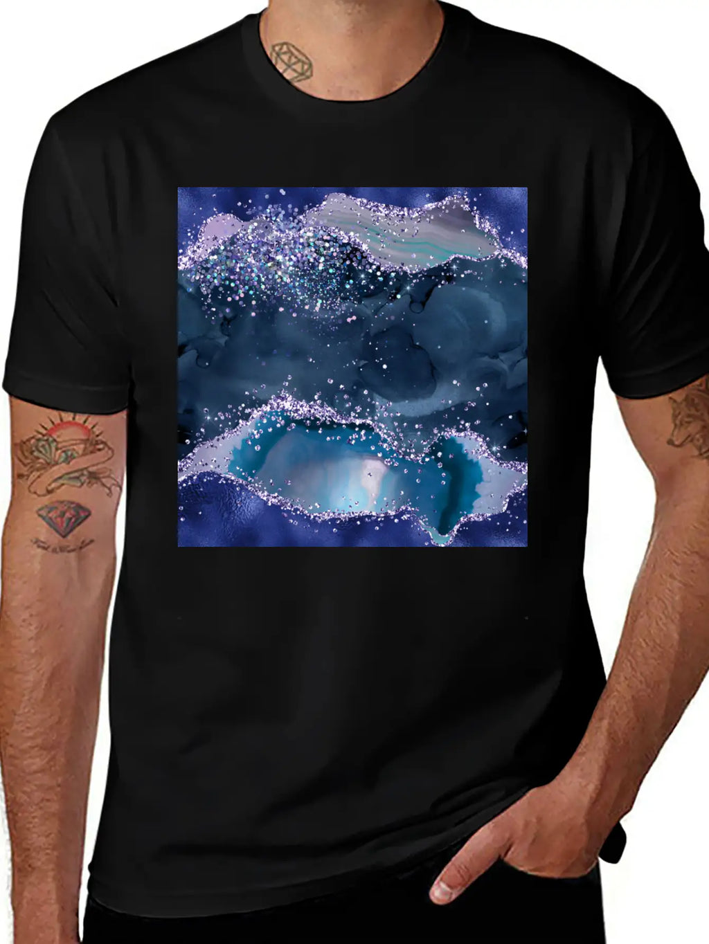 Navy Blue Ocean Glitter Agate Essential Cotton Tee For Daily Outfits – Unisex Style